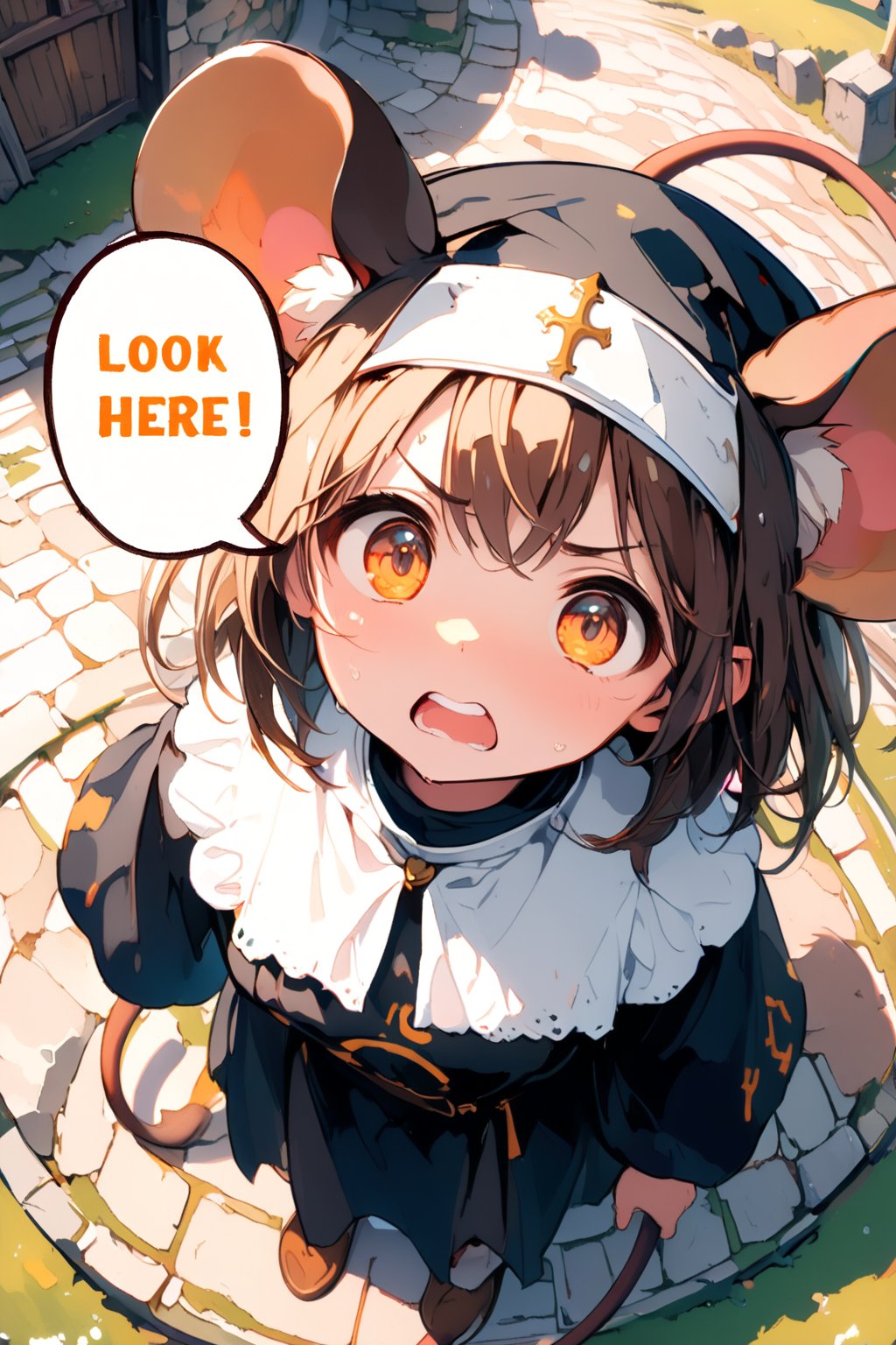 //quality, masterpiece:1.4, detailed:1.4,best quality:1.4,//,1girl,(solo),loli,//, brown mouse_ears,mouse_tail,animal ear fluff, medium hair, brown hair, detailed eyes, orange eyes,//,(black nun costume),//,sweat_drop,sweaty,mouth open,teeth,angry, serious, close-up, (from_above),aerial_view,hand_raised,index_finger_raised,//,medieval,stone floor, fisheye lens,solo focus,no humans background,(((speech bubble with Title text reads as "LOOK HERE!!")))