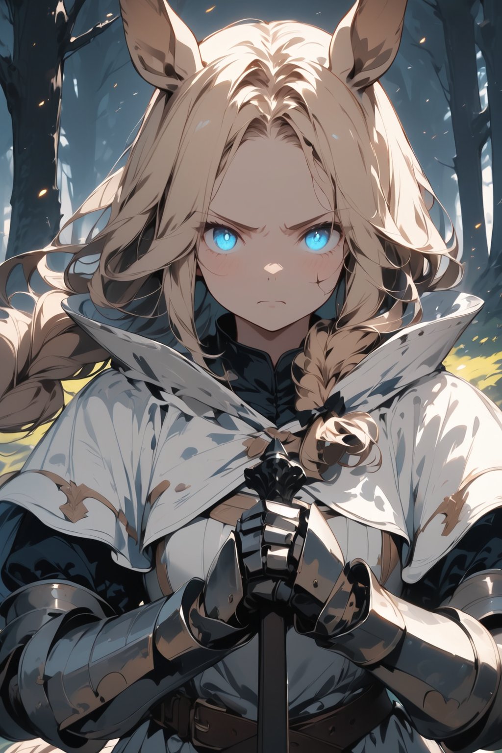 //quality, masterpiece:1.4, detailed:1.4,best quality:1.4,//,1girl,solo,royal knight,//,blonde_hair:1.3, long hair,(single braid),horse_ears,forehead,horse_tail, detailed eyes, blue eyes,(glowing eyes), eyes with light_particles,glow_in_the_dark,//,detailed white armor,white cloak,gauntlets,leather_belt,//,angry, serious,disgusted face, shadow on face,shaded face, closed_mouth,looking_at_viewer,//, holding sword, battle stance, straight-on,close-up portrait,//, forest,Medieval,