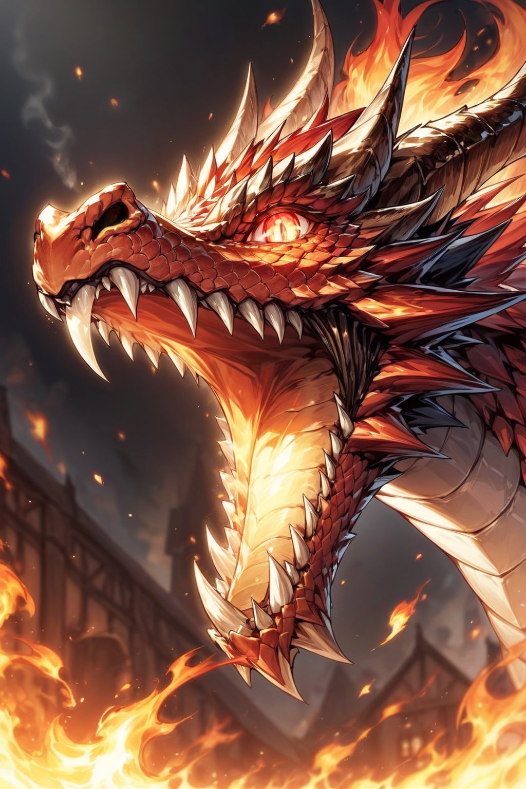 //quality, masterpiece:1.4, detailed:1.4,best quality:1.4,//,evil dragon,(red dragon),dragon horns,no humans,red eyes, glowing eyes,looking_at_viewer,(looking_down),fangs,mouth_open,drooling,super close-up shot to dragon head,//,from_side,surrounding by fire,flame, Medieval,building on fire ,(black background),(from below),DRG, focus on dragon head , breathing fire