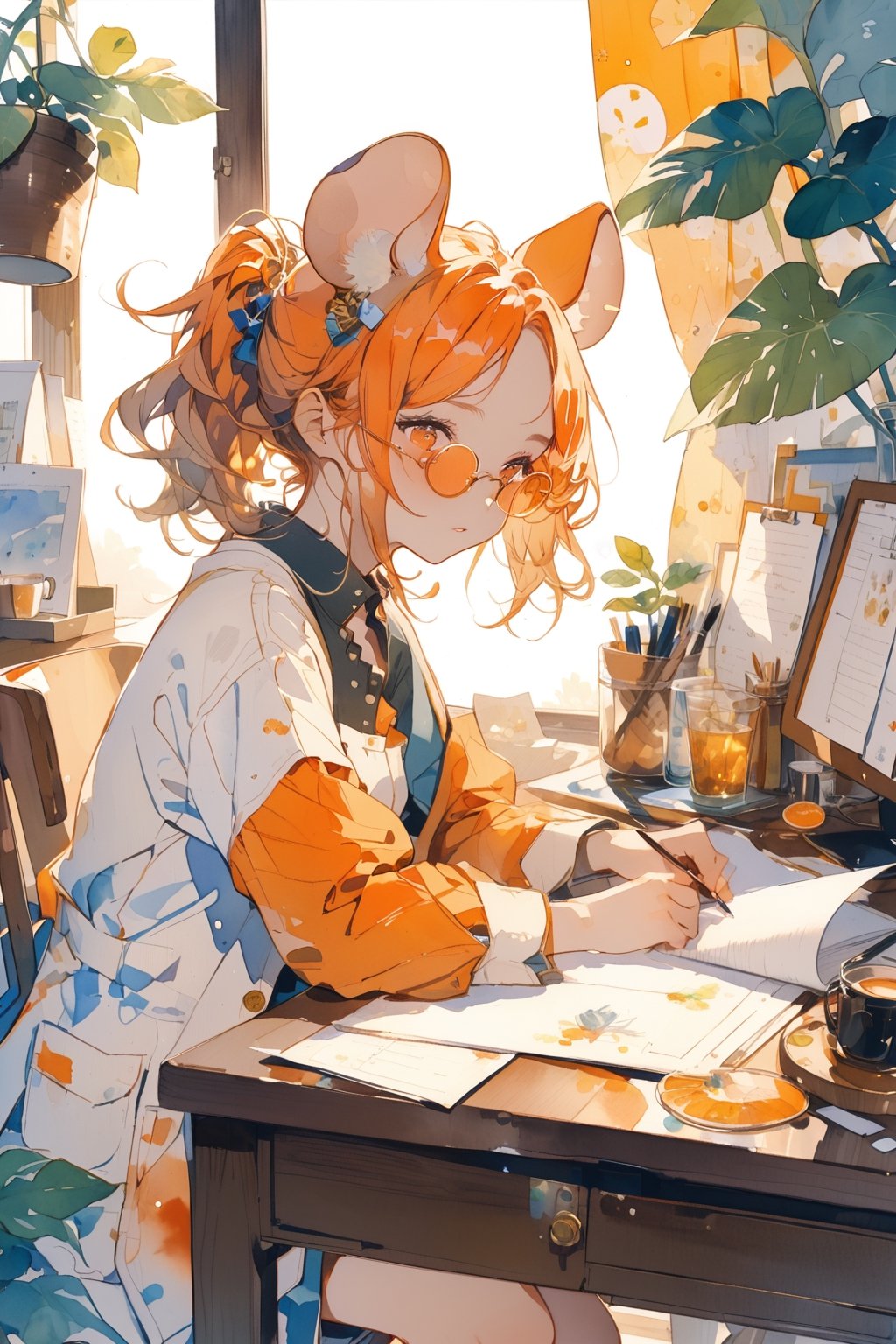 //quality, (masterpiece:1.331), (detailed), ((,best quality,)),//,(1girl),solo,(loli),watercolor_(art),//,(mouse_ears:1.3),(orange_hair:1.3),hairstyle, ((short ponytail)),sidelocks, (light orange eyes), detailed eyes,flat_chest,//,hair_accessories,accessories,(round eyewear:1.2),scientist,white lab coat,//sleepy,//,sitting,drinking,(coffee),//indoor, leaf, desk, papers,aesthetic,watercolor \(medium\)