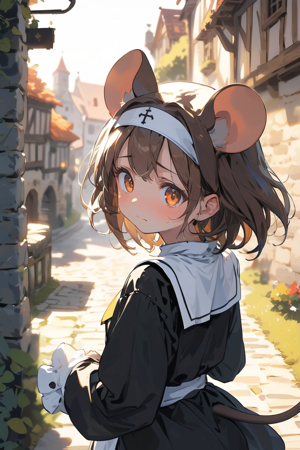 //quality, masterpiece:1.4, detailed:1.4,best quality:1.4,//,1girl,(solo),loli,//, brown mouse_ears,mouse_tail,animal ear fluff, medium hair, brown hair, orange eye,detailed eye,//,(black nun costume),//, worried, closed_mouth,sweating,sweat_drops,(looking back),looking_at_viewer, (running), shaded,hands_raised,//,against stone wall,medieval town, upper body, cowboy_shot,close-up portrait, motion_blur, blurry_background,from_behind,dal-6 style,fire, flame ,no humans background 