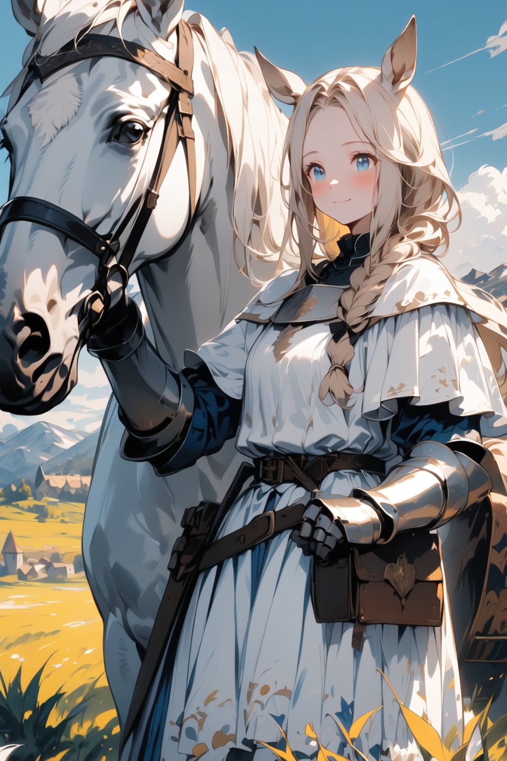 //quality, masterpiece:1.4, detailed:1.4,best quality:1.4,//,1girl,solo,royal knight,//,blonde_hair:1.3, long hair,(single braid),horse_ears,forehead,horse_tail, detailed eyes, blue eyes,//,detailed white armor,white cloak,gauntlets,leather_belt,//,blush,light smile, closed_mouth,//, (white horse),close-up shot of girl touching a white horse, patting horse, ,//,nature,blue sky, mountains,Medieval,