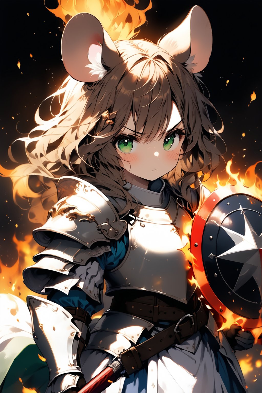 //quality, masterpiece:1.4, detailed:1.4,best quality:1.4,//,1girl,solo,mouse girl,knight,//,brown mouse ears, animal ear fluff, brown mouse tail,brown hair,(long hair),wavy hair,bangs,beautiful detailed eyes, light green eyes,glowing eyes,//,(white armor),leather belt,gauntlets,//,angry,blush,serious,closed mouth,looking_at_viewer,looking_up,pov, first-person_view,//,(holding shield),(holding sword), ,standing,close-up portrait,from_above,cowboy_shot, straight-on,//,windy,(black background),fire, stone road, flame , Medieval, //,surrounding by fire,flame around the girl,flying debris,FuturEvoLabFlame,ink paint