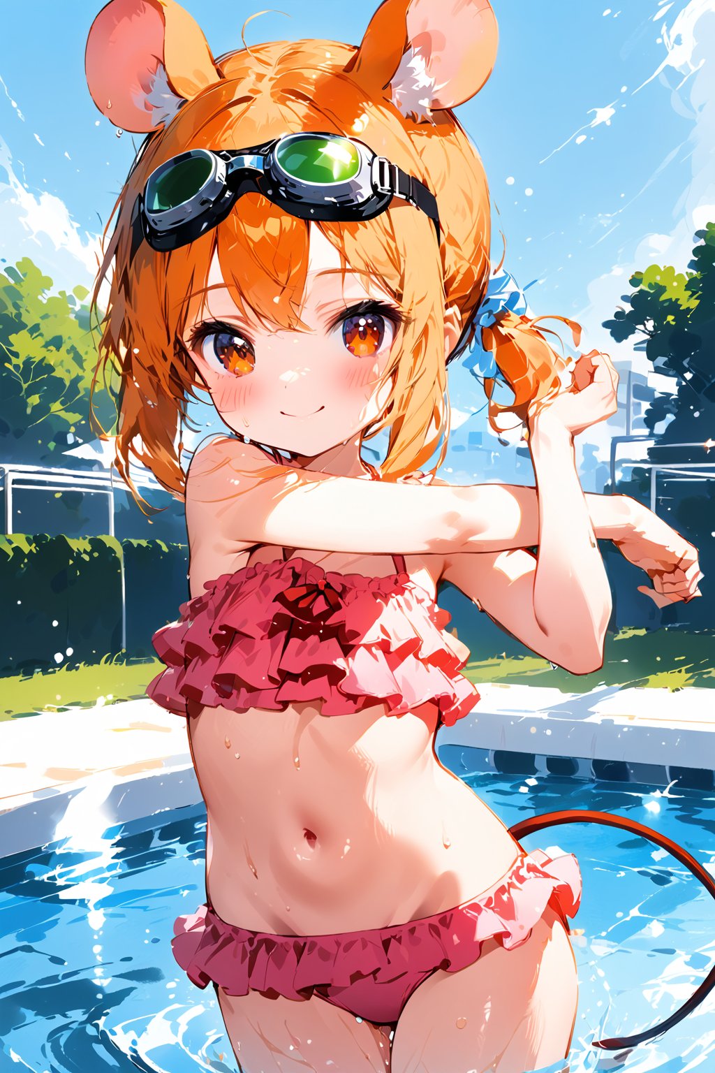 //quality, masterpiece:1.4, detailed:1.4,best quality:1.4,//,1girl,solo,loli,//,mouse_ears,mouse_tail, animal ear fluff,orange_hair,short ponytail,sidelocks,orange_eyes,detailed eyes,collarbones,navel,//,goggles,hair_accessories,ribbons,frilled swimwear, ruffle,pink swimsuit,//,blush,smile,,sweaty,//,arms_up,cross-body stretch, stretching,//,,blue sky,swimming_pool,ink paint,