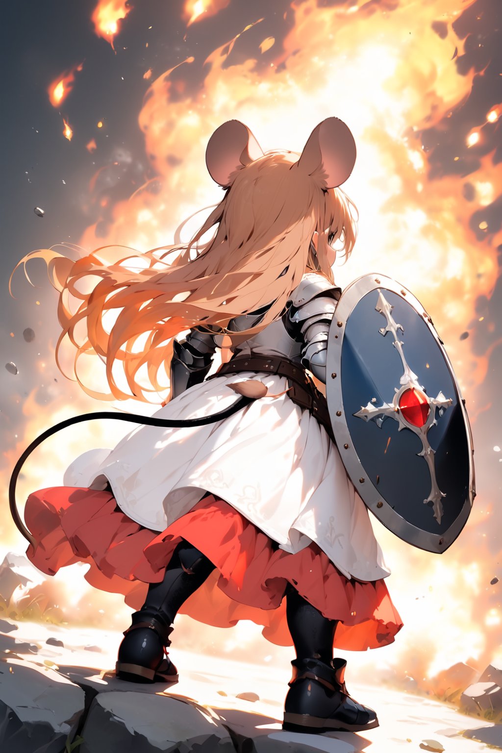 //quality, masterpiece:1.4, detailed:1.4,best quality:1.4,//,1girl,solo,loli,mouse girl,knight,//,brown mouse ears, brown mouse tail,brown hair,(long hair),//,(white armor),leather belt,gauntlets,//((from_behind)),//,(holding shield against the flame, standing,hiding behind shield,red shield,//,windy,dutch_angle,(black background),fire, standing on stone road, flame , Medieval, //,surrounding by fire,flame in front of the girl,explosion in front of the girl,flying debris,FuturEvoLabFlame,ink paint