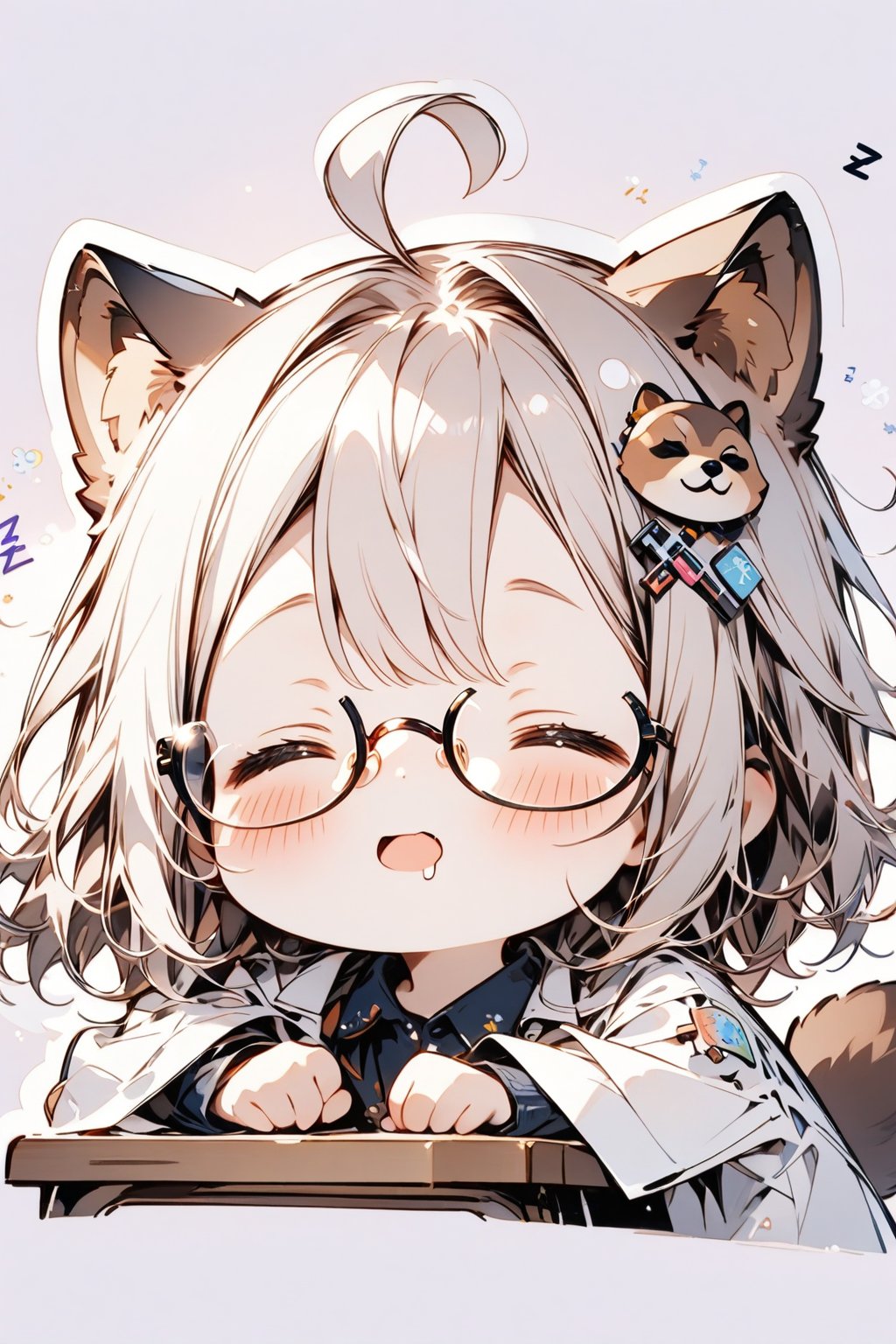 //quality, masterpiece:1.4, detailed:1.4,best quality:1.4,//,1girl,solo,//,raccoon girl,gray raccoon ears,gray raccoon tail,gray hair, messy hair,ahoge, medium hair, closed_eyes,//,hair_accessories,accessories,(round glasses),scientist,white lab coat,//,blush,bags_under_eyes,mouth_open,drooling,//,lying on desk,sleeping on desk, sitting on chair,(zzz),zzz,//, close-up portrait,face focus,simple_background,purple_background,desk, chair, Deformed,((Chibi character)),sticker, outline 