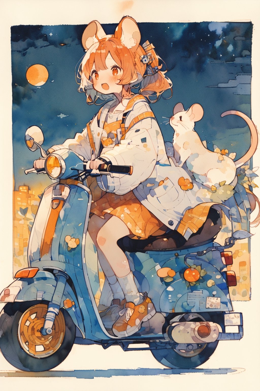 //quality, (masterpiece:1.331), (detailed), ((,best quality,)),//,(1girl),solo,(loli),cute,,//,(mouse_ears:1.3),mouse_tail,(orange_hair:1.3),hairstyle, ((long ponytail)),sidelocks, (orange_eyes), detailed eyes,flat_chest,//,hair_accessories,accessories,(round glasses:1.3),scientist,white lab coat,//,sleepy,//, riding on a scooter,//outdoor, (night:1.3),aesthetic,watercolor \(medium\)