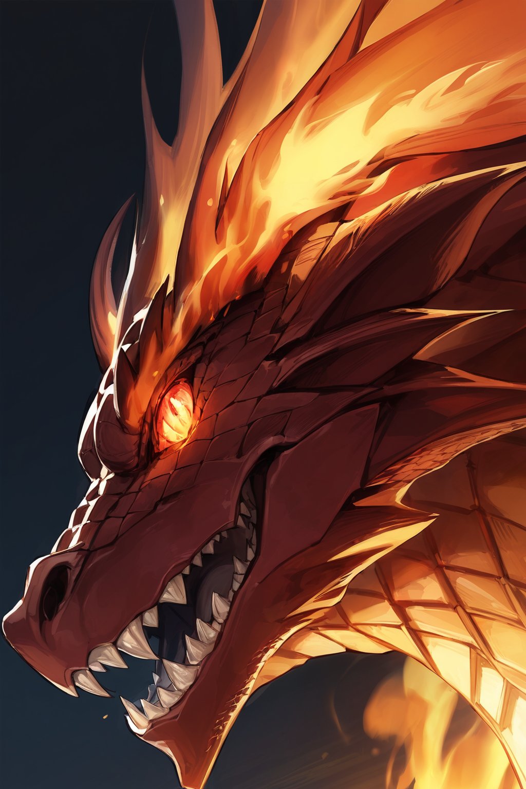 //quality, masterpiece:1.4, detailed:1.4,best quality:1.4,//,evil dragon,(red dragon),dragon horns,no humans,red eyes, glowing eyes,looking_at_viewer,(looking_down),fangs,mouth_open,drooling,super close-up shot to dragon head,//,from_side,surrounding by fire,flame, building on fire ,(black background),(from below),DRG, focus on dragon head, backlighting 