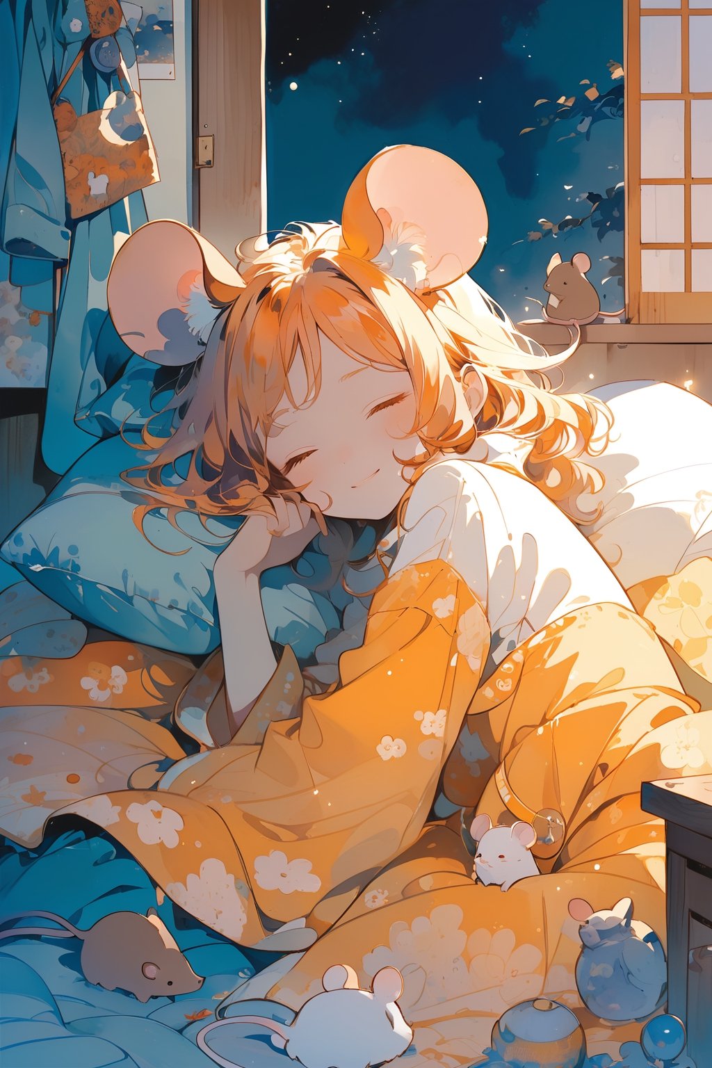 //quality, (masterpiece:1.331), (detailed), ((,best quality,)),//,(1girl),solo,(loli),cute,,//,(mouse_ears:1.3),mouse_tail,(orange_hair:1.3),hairstyle, medium hair, ((,messy_hair,)),sidelocks,flat_chest,//,pajama,under covers,//,(eye_closed:1.3), smile,//, lying, sleeping,//, indoor, bedroom, detailed room,aesthetic,watercolor \(medium\),night:1.3, futon, blanket, pillow