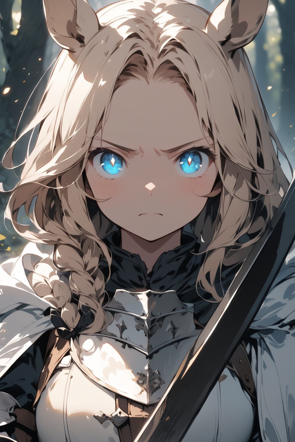 //quality, masterpiece:1.4, detailed:1.4,best quality:1.4,//,1girl,solo,royal knight,//,blonde_hair:1.3, long hair,(single braid),horse_ears,forehead,horse_tail, detailed eyes, blue eyes,(glowing eyes), eyes with light_particles,glow_in_the_dark,//,detailed white armor,white cloak,gauntlets,leather_belt,//,angry, serious,disgusted face, shadow on face,shaded face, closed_mouth,looking_at_viewer,//, holding sword, battle stance, straight-on,close-up portrait,//, forest, motion_blur, blurry_background,Medieval,