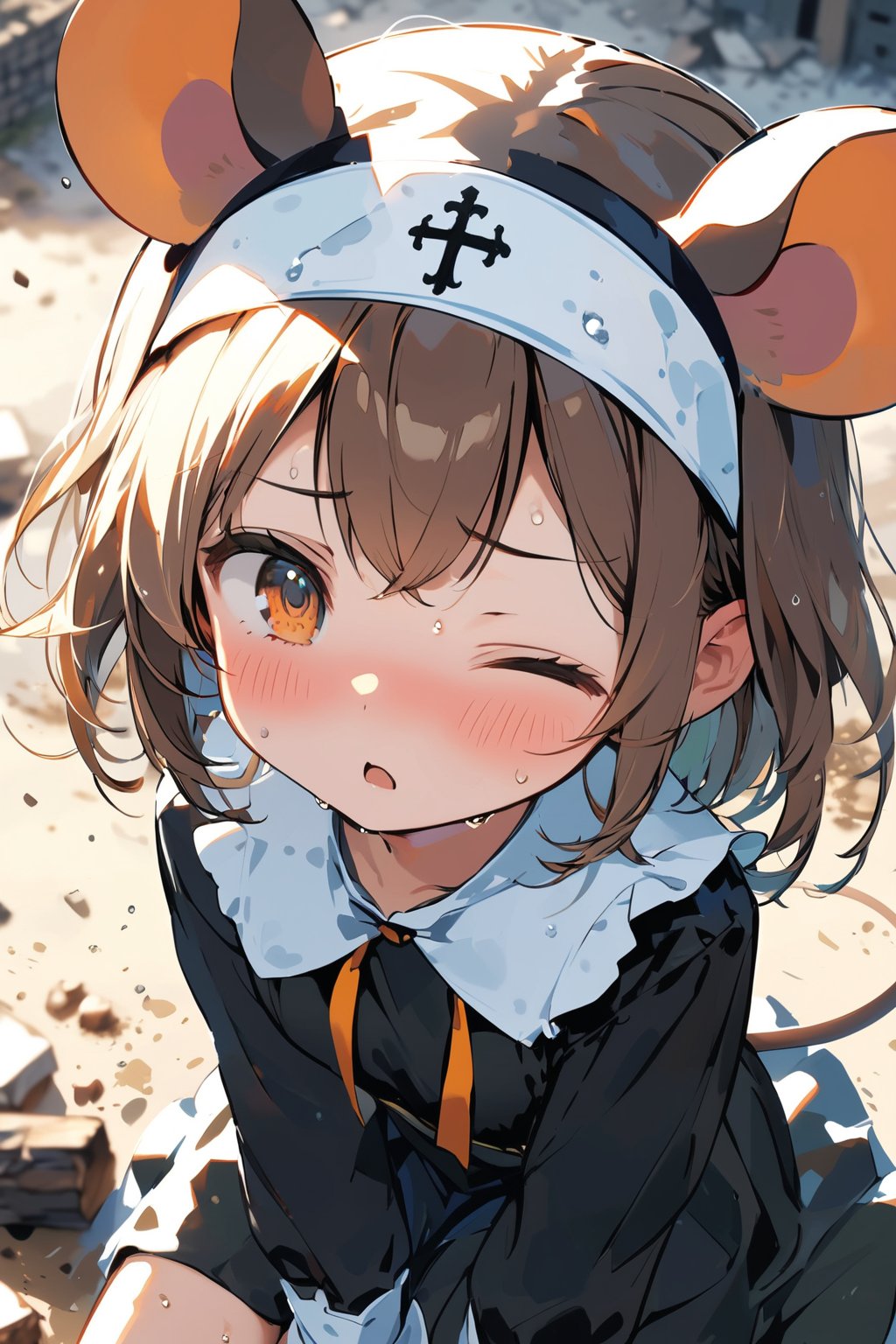 //quality, masterpiece:1.4, detailed:1.4,best quality:1.4,//,1girl,(solo),loli,//, brown mouse_ears,mouse_tail,animal ear fluff, medium hair, brown hair, (one eye closed) orange eye,//,(black nun costume),//, blush,sweat_drop,sweaty,><,>_<,scared, (close-up portrait), from_above, sitting on ground,//, Europe medieval,destruction, destroyed building, (blurry background),dal-6 style, (dust), wind effect, dust effect,