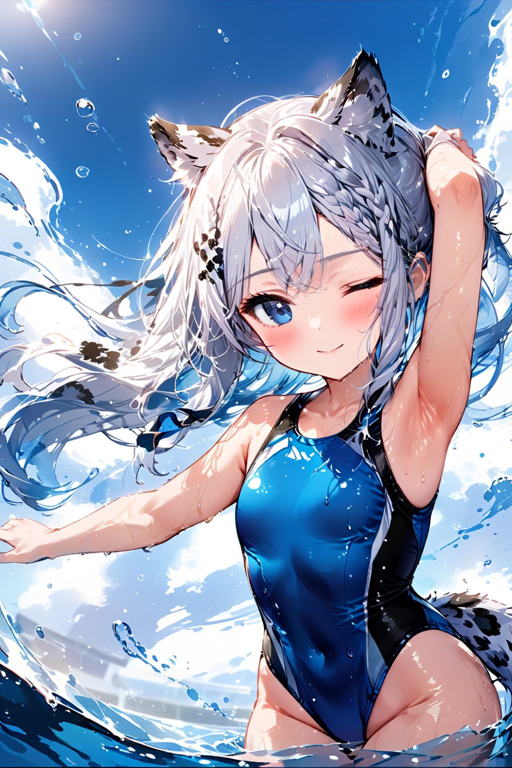 //quality, masterpiece:1.4,detailed:1.4,best quality:1.4,//,1girl,solo,//,white leopard_ears,white tail,white leopard tail,hairstyle,white hair,long_hair,single braided,braided_hair,shiny_hair,sidelocks,blue_eye, detailed eye,shiny_skin,armpits,//,hair_ornaments,ornaments,(white swimsuit),competition swimsuit,covered_navel,wet,wet_legs,//,light smile,one_eye_closed,blush,looking_away,from_side,//,arm_raised.covering face,//,(water splash),swimming_pool,on water,(blue sky),Colorful art,Vivid Colors,ink paint