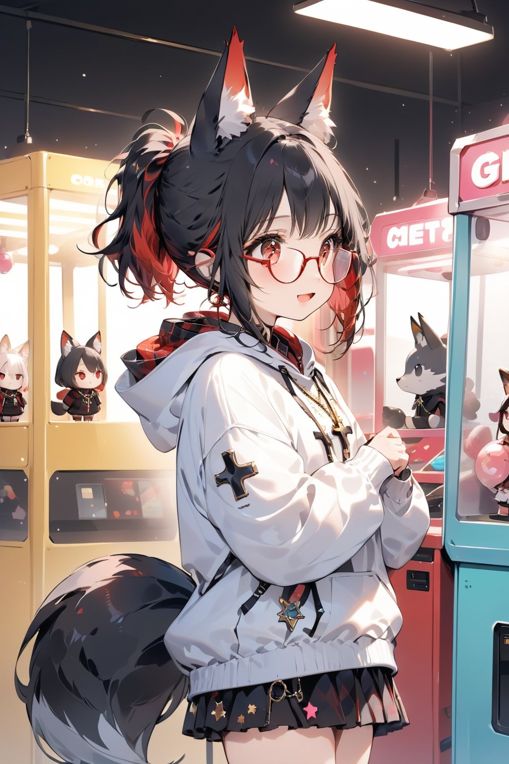 //quality, masterpiece:1.4, detailed:1.4, ,best quality:1.4, //, 1girl, cute,solo,Tekeli,//,black fox ears,animal ear fluff,black fox tail,black hair,red inner hair,short ponytail,red eyes,//, fashion,red_glasses,cross_necklace, hoodies,hood down,//,blush,happy,:D,(from side), looking away,playing crane machine,//,star symbols,indoor,ink paint, dolls, ((girl standing near crane game machine)), bright lights and colors,crane machine ,detailed crane machine 