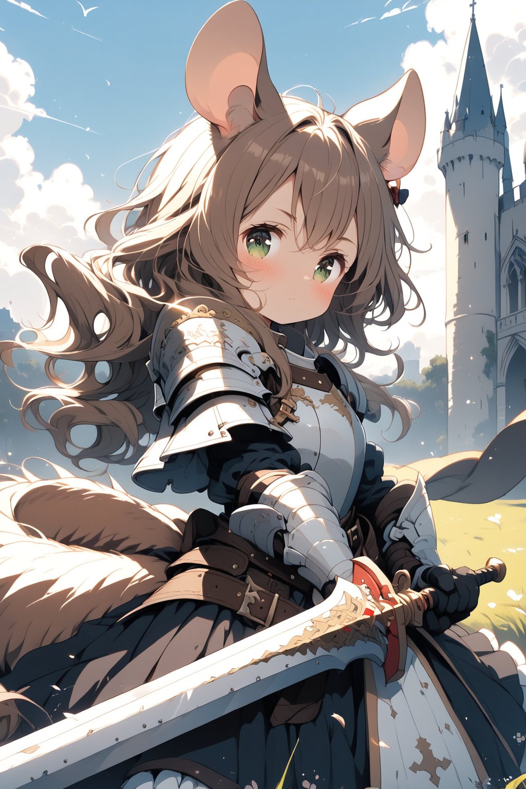 //quality, masterpiece:1.4, detailed:1.4,best quality:1.4,//,1girl,(solo),loli,mouse girl,knight,//,brown mouse ears, animal ear fluff,mouse tail,brown hair,(long hair),wavy hair,bangs,beautiful detailed eyes, light green eyes,glowing eyes,flat chest,//,(white armor),leather belt,armored dress,gauntlets,//,blush,serious,closed mouth,//,(holding sword),//, outdoor, day, blue sky, scenery, castle, Medieval, //,brave perspective, 