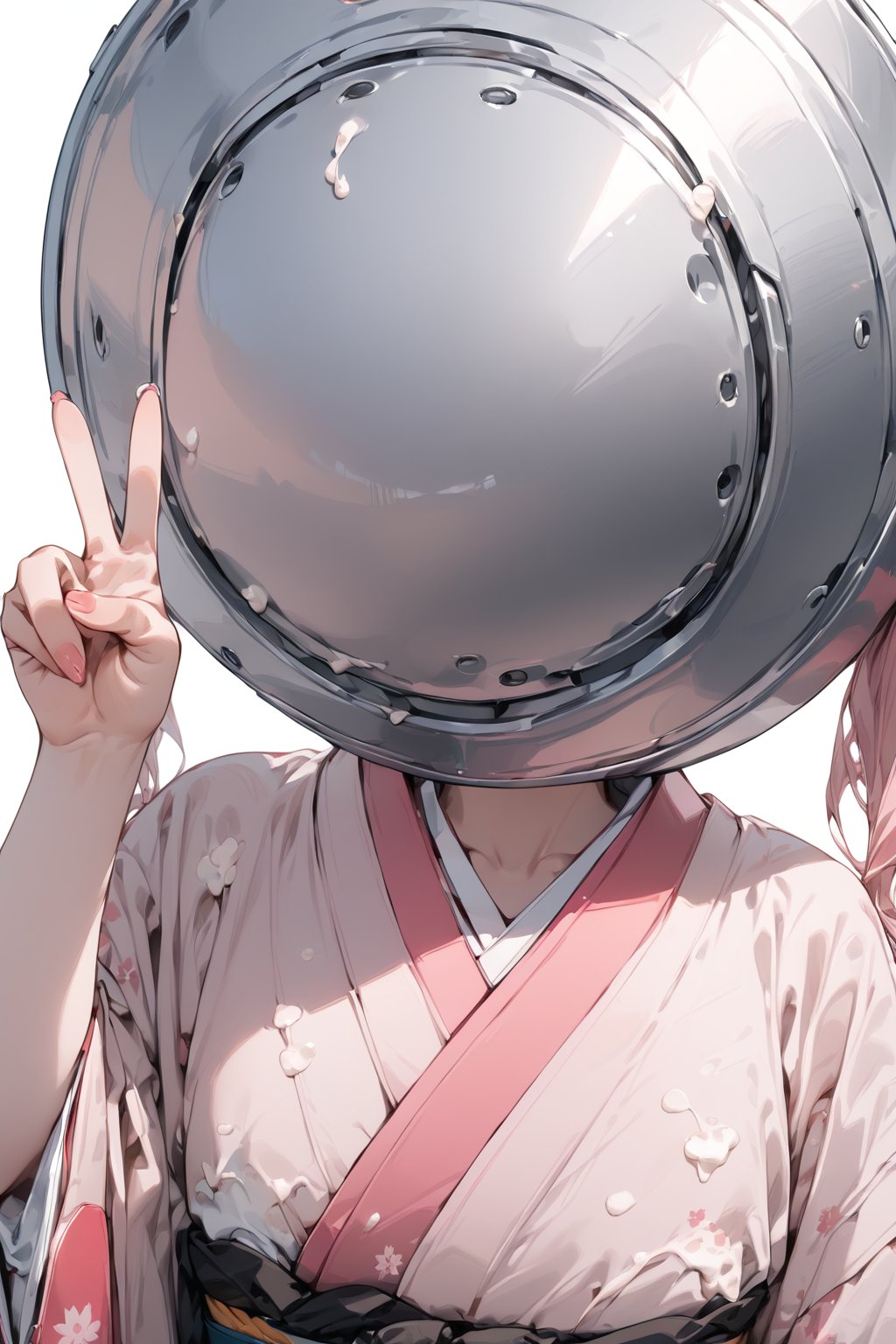 //quality, masterpiece:1.4, detailed:1.4,best quality:1.4,//,1girl,solo,//,(sliver dish head),pink twintails,//,sakura kimono, cream on clothes,//,hand_up,v,v-sign,//,close_up,//,bag_over_head