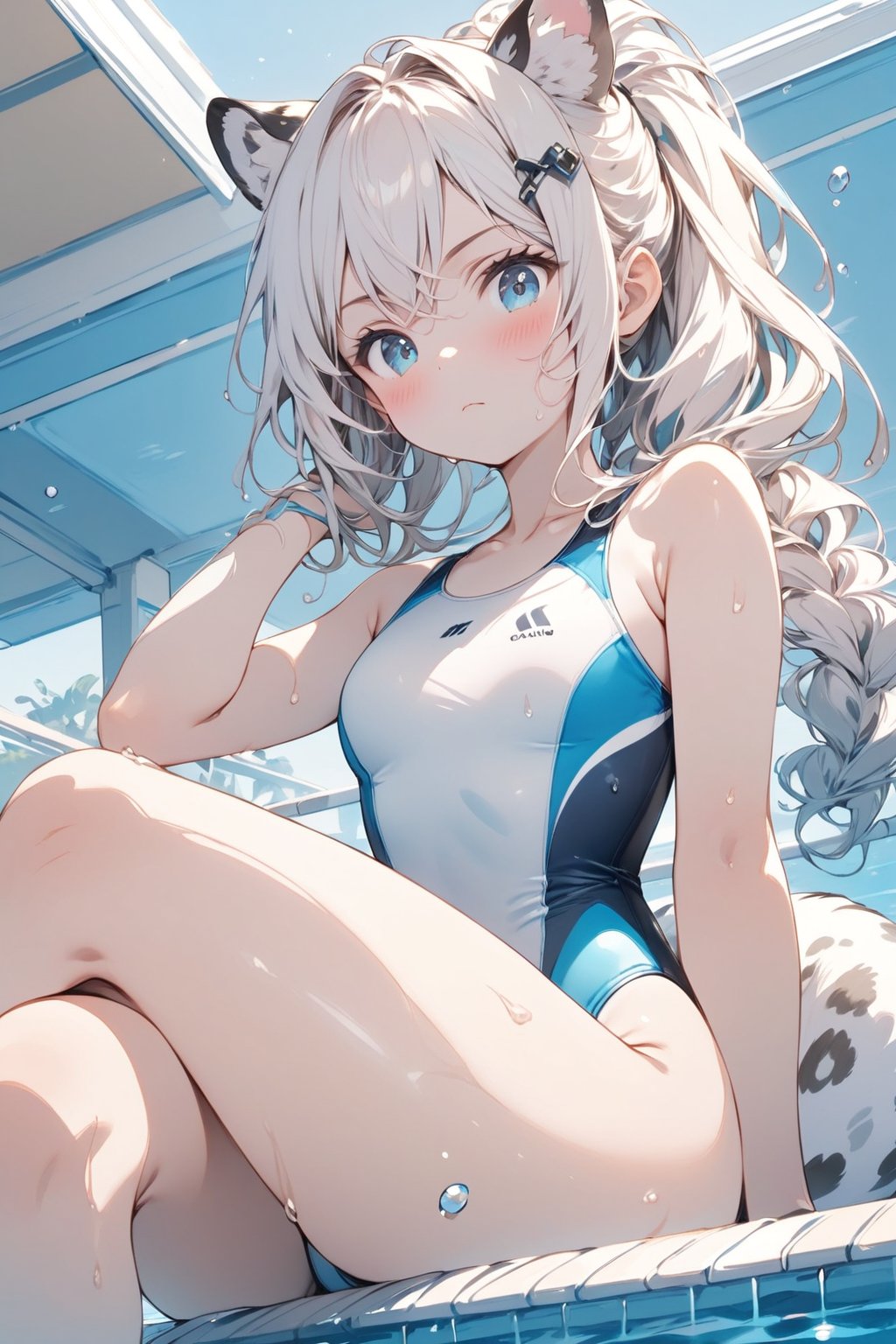 //quality, masterpiece:1.4,detailed:1.4,best quality:1.4,//,1girl,solo,//,white leopard_ears,white tail,white leopard tail,hairstyle, white hair,long_hair,single braided,braided_hair,shiny_hair,sidelocks,blue_eyes, detailed eyes, shiny_skin,//,hair_ornaments,ornaments,(white swimsuit),competition swimsuit,wet,wet_legs,//,serious,blush,looking_down,looking_at_viewer,closed_mouth,//,crossed_legs,sitting by the pool,//,swimming_pool,from_below,competitive swimsuit,Colorful art,Vivid Colors