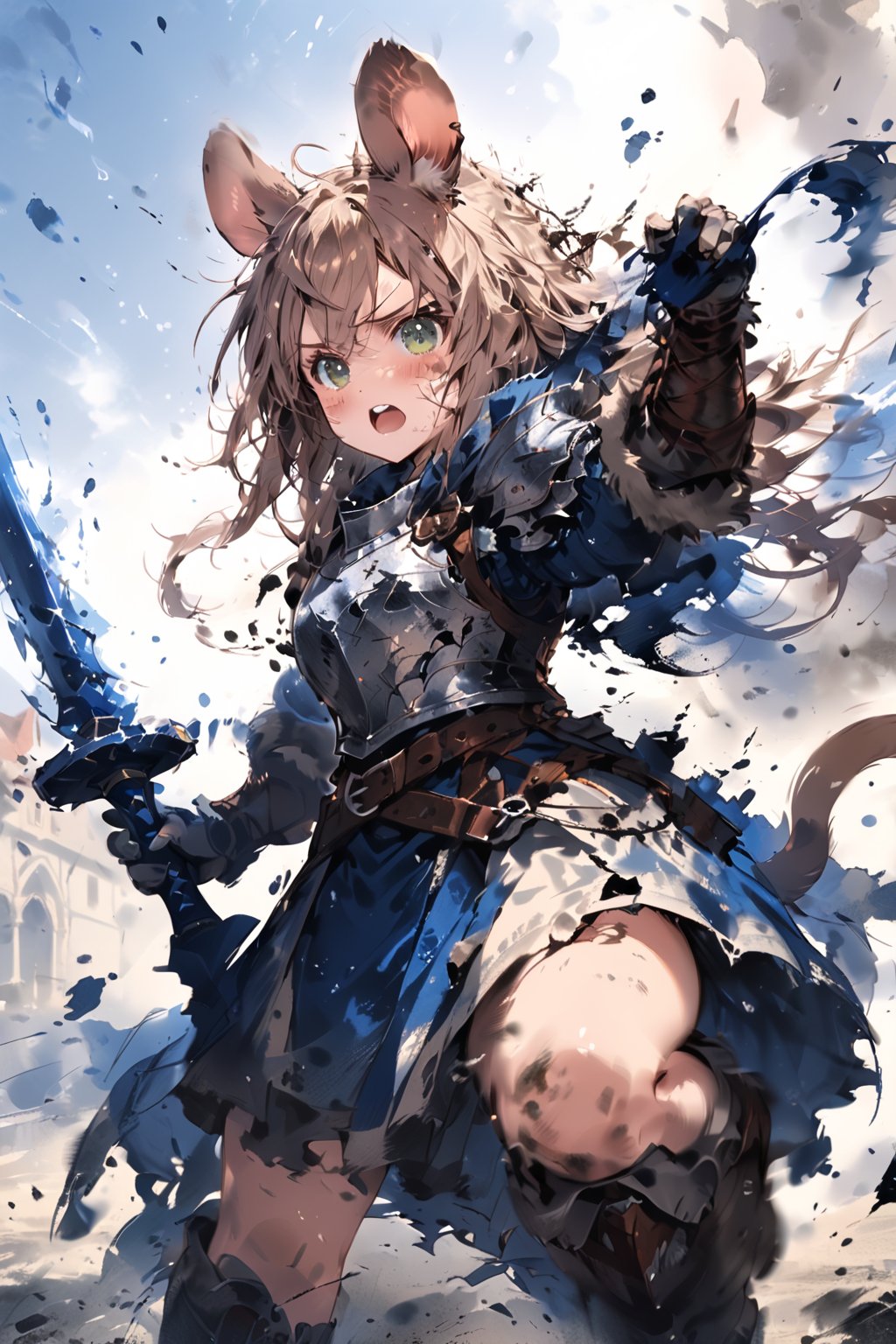 //quality, masterpiece:1.4, detailed:1.4,best quality:1.4,//,1girl,solo,mouse girl,knight,//,brown mouse ears, animal ear fluff, brown mouse tail,brown hair,long hair, messy hair, green eyes,//,white armor, cracked armor, broken armor,leather belt,gauntlets,thigh,//,dirty face, injured,wounded face,sweaty,angry,blush,serious,mouth open,upper teeth, screaming,//,((hands holding sword)),magic sword,light particles,(glowing sword),blue glowing sword,arm up,battle,flying on sky,jumping,leg up,knee up,//,motion blur,blurry background,motion line,motion effect,close-up,upper body,blue sky,smoke surrounding the girl,smoke background, medieval town, simple background,flying debris,ink,smoke,blue ink smoke,ink smoke background,ink paint,multiple views of close up shot and upper body shot,no humans background