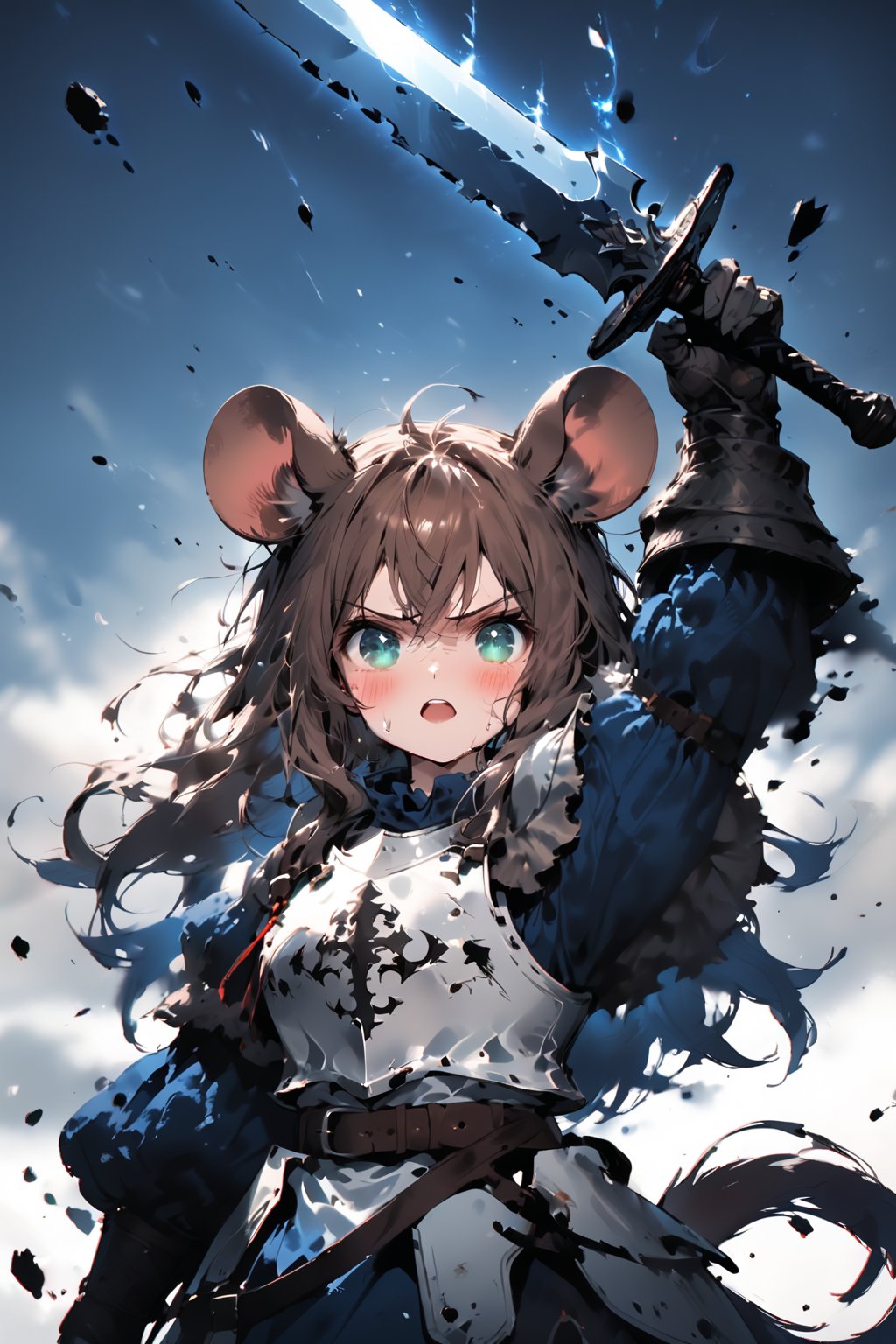 //quality, masterpiece:1.4, detailed:1.4,best quality:1.4,//,1girl,solo,mouse girl,knight,//,brown mouse ears, animal ear fluff, brown mouse tail,brown hair,long hair, messy hair, green eyes,glowing eyes,//,white armor, cracked armor, broken armor,leather belt,gauntlets,//,dirty face, injured,wounded face, sweaty,angry,blush,serious,looking_at_viewer,,mouth open, upper teeth,//, ((holding sword over head)),(glowing sword|),blue glowing sword,arms raised over head, (jumping onto sky),//,upper body,cropped torso, medieval,fire, flame, simple background,flying debris,ink,smoke,red ink smoke,ink smoke background,motion blur, blurry background, sky,straight-on,close-up shot,high contrast,blue vfx, full vfx, blue theme