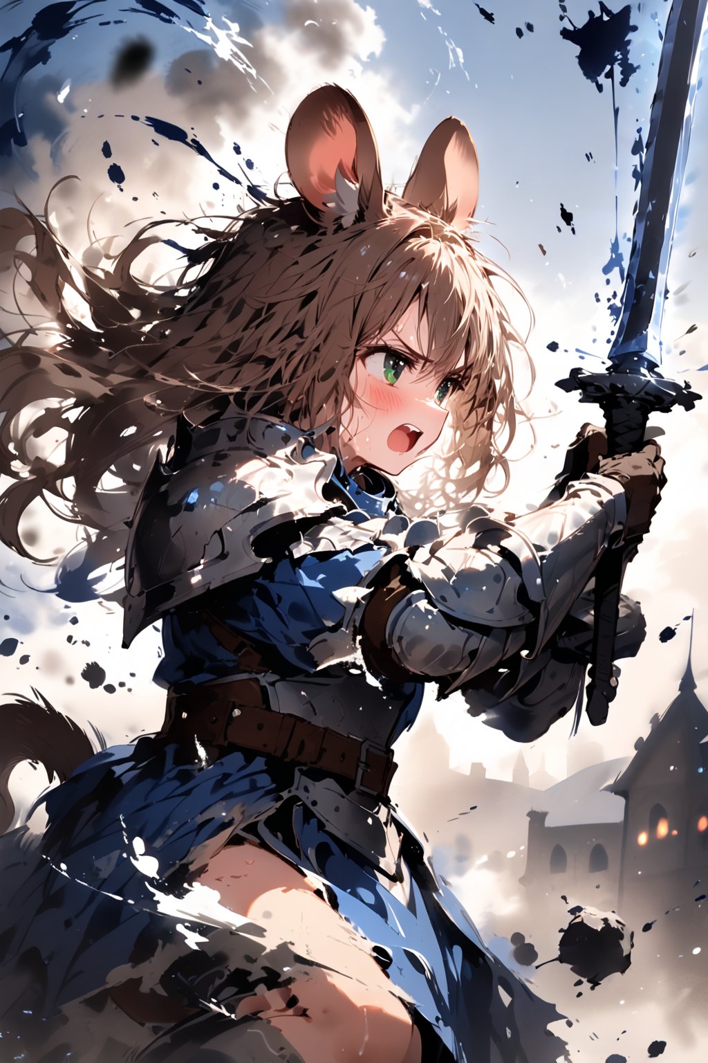 //quality, masterpiece:1.4, detailed:1.4,best quality:1.4,//,1girl,solo,mouse girl,knight,//,brown mouse ears, animal ear fluff, brown mouse tail,brown hair,long hair, messy hair, green eyes,//,white armor, cracked armor, broken armor,leather belt,gauntlets,thigh,//,dirty face, injured,wounded face,sweaty,angry,blush,serious,looking away,mouth open,upper teeth, screaming,//,((hands holding sword)),magic sword,light particles,(glowing sword),blue glowing sword,arm up,battle,flying on sky,(jumping),leg up,(knee up),//,motion blur,blurry background,motion line,motion effect,close-up,upper body,profile,(from side),blue sky,smoke surrounding the girl,smoke background, medieval town, simple background,flying debris,ink,smoke,blue ink smoke,ink smoke background,ink paint