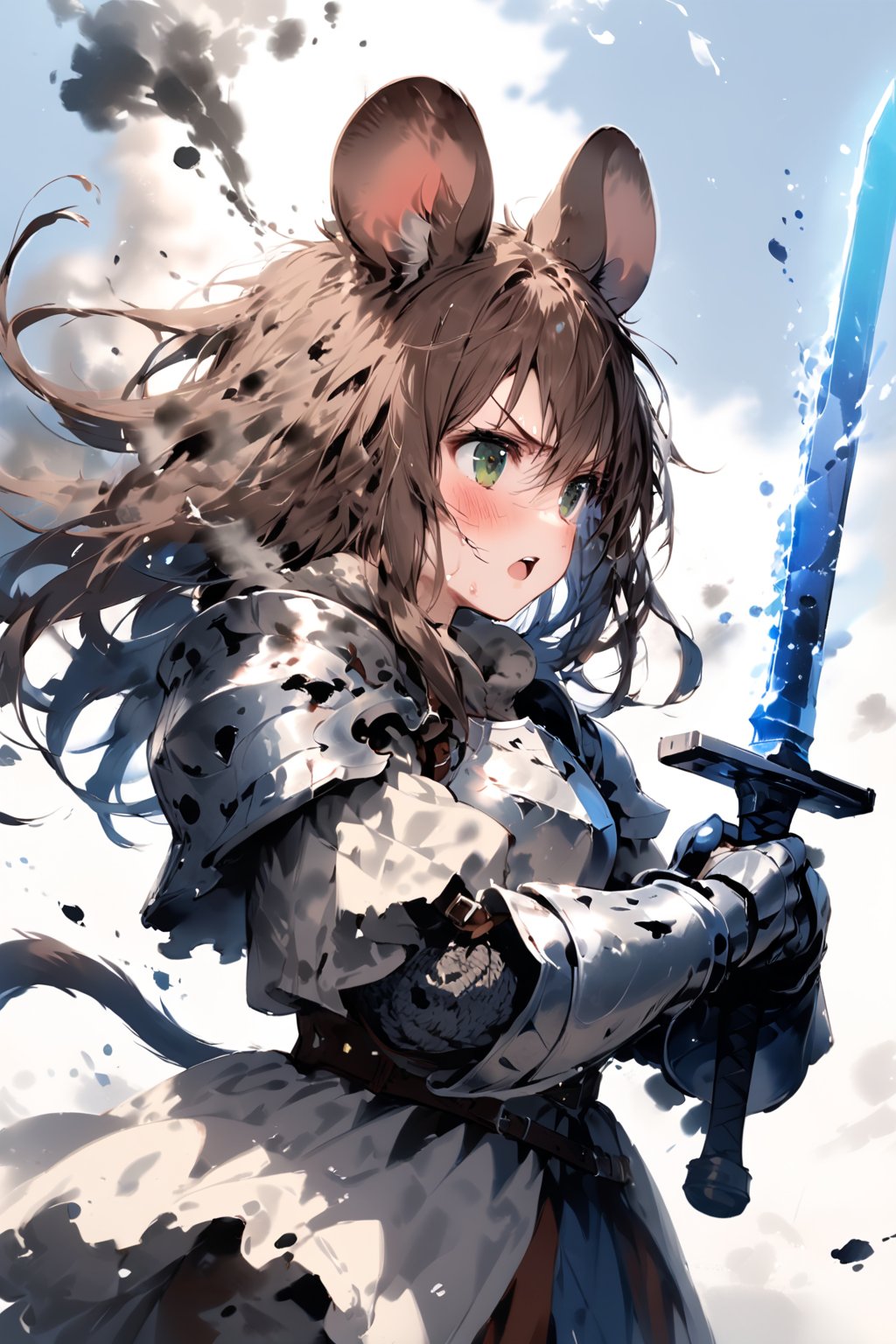 //quality, masterpiece:1.4, detailed:1.4,best quality:1.4,//,1girl,solo,mouse girl,knight,//,brown mouse ears, animal ear fluff, brown mouse tail,brown hair,long hair, messy hair, green eyes,//,white armor, cracked armor, broken armor,leather belt,gauntlets,thigh,//,dirty face, injured,wounded face,sweaty,angry,blush,serious,looking away,mouth open,upper teeth, screaming,//,((hands holding sword)),magic sword,light particles,(glowing sword),blue glowing sword,arm up,(jumping),leg up,//,motion blur,blurry background,motion line,motion effect,close-up,upper body,profile,(from side),blue sky,smoke surrounding the girl,smoke background, medieval, simple background,flying debris,ink,smoke,blue ink smoke,ink smoke background,ink paint