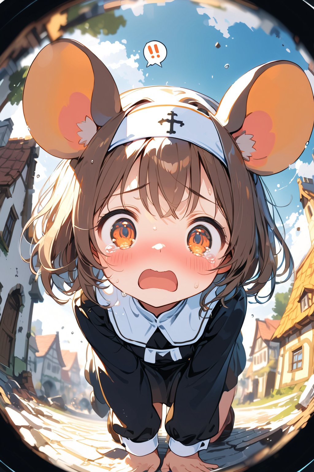 //quality, masterpiece:1.4, detailed:1.4,best quality:1.4,//,1girl,solo,loli,//, brown mouse_ears,mouse_tail,animal ear fluff, medium hair, brown hair, (orange eyes),//,(black nun costume),long sleeves,//,blush, sweat_drop,sweaty,worried,sad, tearing up,(crying),(leaning forward),kneeling down,straight-on,!,!!,screaming buddle,(spoken exclamation_mark),//,destruction,medival town,fisheye lens,(from below),pov,close-up portrait,atmosphere ,blurry effect,(blurry background),dal-6 style, blue sky