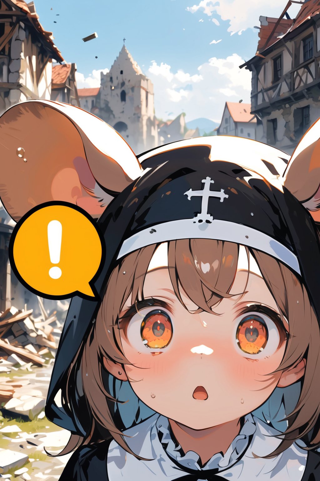 //quality, masterpiece:1.4, detailed:1.4,best quality:1.4,//,1girl,(solo),loli,//, brown mouse_ears,mouse_tail,animal ear fluff, medium hair, brown hair, detailed eyes, orange eyes,//,(black nun costume),//,sweat_drop,sweaty,(wide-eyed),shocked_eyes,(constricted pupils), shocked,mouth open, (close-up portrait), straight-on,(spoken_exclamation_mark),!,//, Europe medieval,destruction, destroyed building, (blurry background),