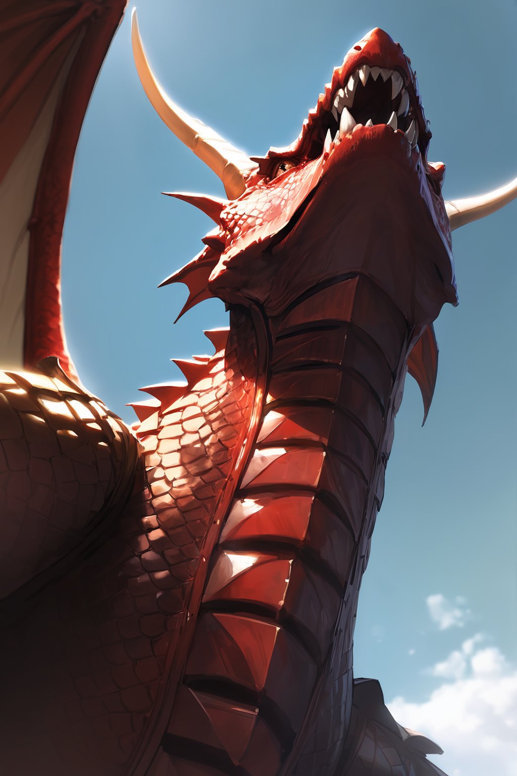 //quality, masterpiece:1.4, detailed:1.4,best quality:1.4,//,anime,evil dragon,(((red dragon))),dragon horns, closeed eyes,fangs,mouth_open,The dragon raised its front claw and swung upward.,//,(from below),realistic dragon,//,(from below),DRG,realistic dragon ,front claw, pov claw