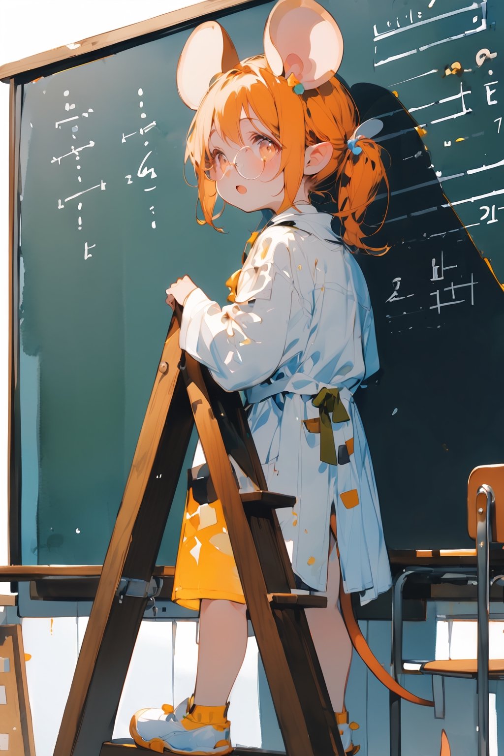 //quality, (masterpiece:1.331), (detailed), ((,best quality,)),//,(1girl),solo,(loli:1.3),
,//,(mouse_ears:1.3),mouse_tail,(orange_hair:1.3),hairstyle, ((short ponytail)),sidelocks, (light orange eyes), detailed eyes,flat_chest,//,hair_accessories,accessories,(round eyewear:1.2),scientist,white lab coat,//,expressionless,open_mouth,//,(climbing on ladder:1.4), speaking_to_viewer,//indoor, leaf, desk, (classroom:1.1), large blackboard with maths formula,aesthetic,watercolor \(medium\),((from_side))