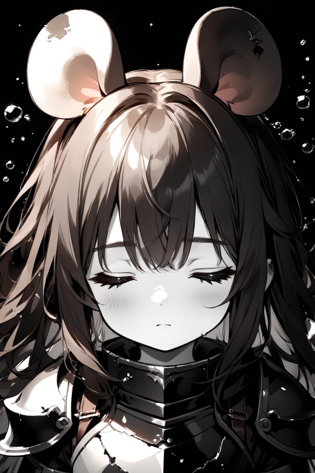 //quality, masterpiece:1.4, detailed:1.4,best quality:1.4,//,1girl,solo,knight,loli,//,mouse ears, long hair, messy hair, brown hair,//,armor, cracked armor, broken armor,leather belt,gauntlets,//,(closed eyes),sleep,(close up portrait),from above, (upper body), straight-on, (one arm up),(arms_outstretched), lying down,(under water),bubbles,closed mouth,water,(Gray scale),(Monochrome),black background, simple background, dark background,ink,ink paint,