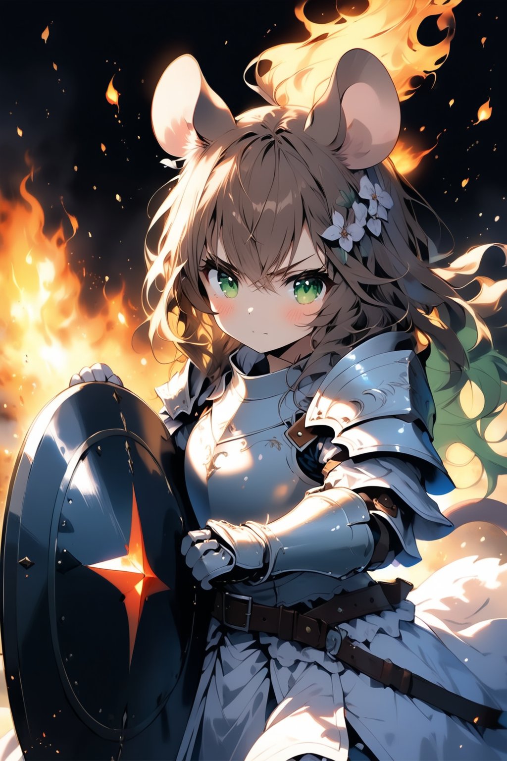 //quality, masterpiece:1.4, detailed:1.4,best quality:1.4,//,1girl,solo,mouse girl,knight,//,brown mouse ears, animal ear fluff, brown mouse tail,brown hair,(long hair),wavy hair,bangs,beautiful detailed eyes, light green eyes,glowing eyes,//,(white armor),leather belt,gauntlets,//,angry,blush,serious,closed mouth,looking_at_viewer,looking_up,pov, first-person_view,//,(holding shield),(holding sword), ,standing,close-up portrait,from_above,cowboy_shot, straight-on,//,windy,(black background),fire, stone road, flame , Medieval, //,surrounding by fire,flame in front of the girl,flying debris,FuturEvoLabFlame,ink paint