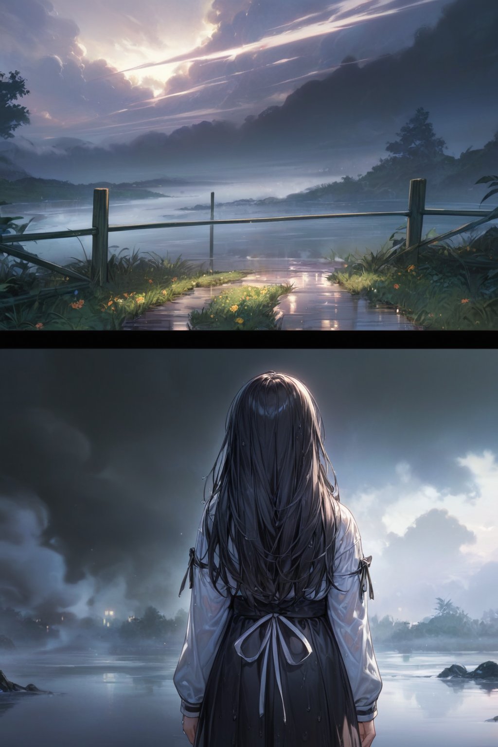 //quality, masterpiece:1.4, detailed:1.4,best quality:1.4,//,tentacles ,monster,daybreak,cloudy,perfect lighting, spider_lily_(flower),garden,fence, reflection,light particle,abomination,tentacles,fog,smoke on the water,close_up, upper_body,1girl, loli,(from behind),standing,long hair,straight_hair, black hair, black dress, white shirt,long white sleeve, wet, facing_away,closed_eyes,smile, back view,hand_up,comic,(pov,pov hand,multiple_view of daybreak),