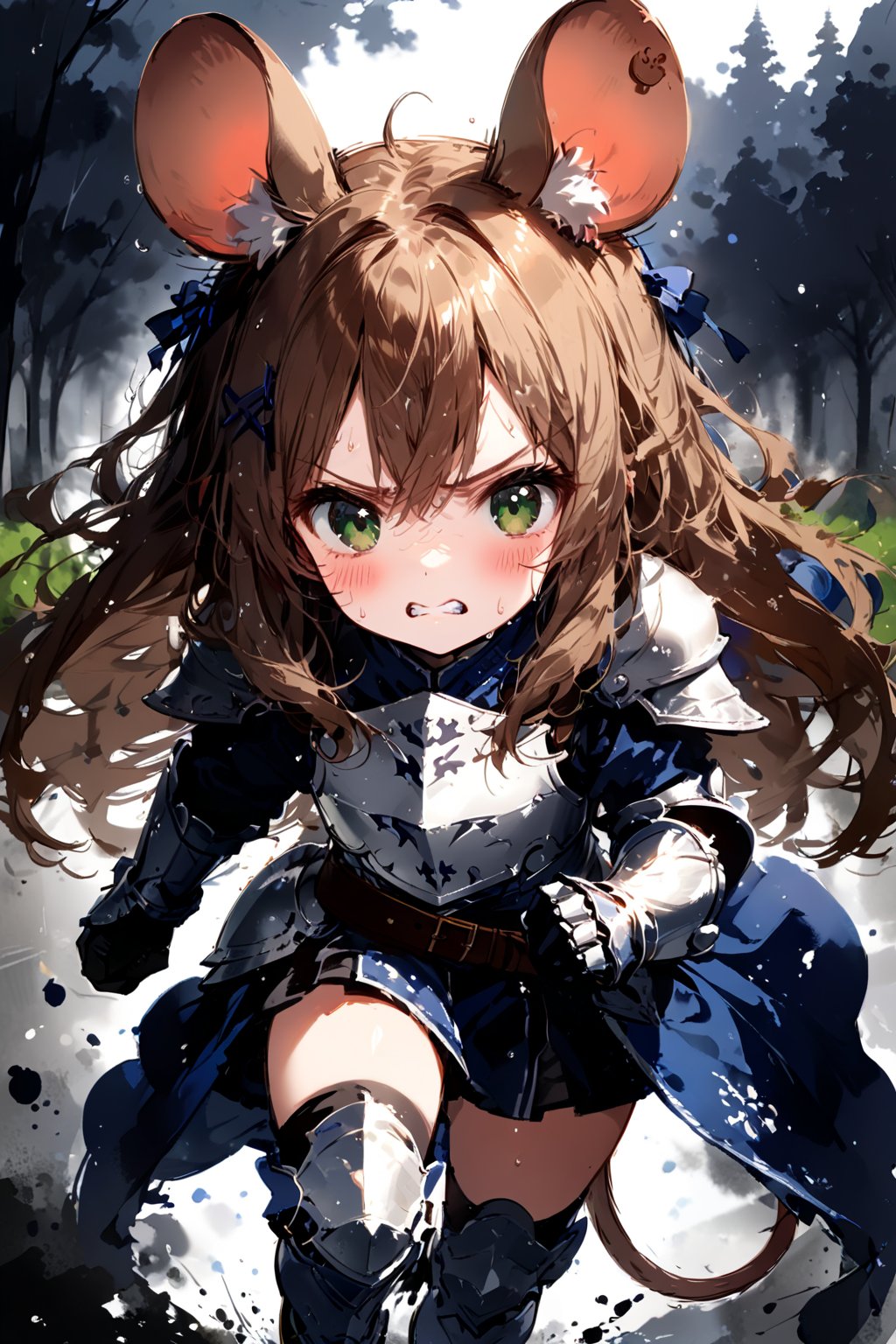 //quality, masterpiece:1.4, detailed:1.4,best quality:1.4,//,1girl,solo,loli,mouse girl,knight,//,brown mouse ears, animal ear fluff, brown mouse tail,(brown hair),long hair, messy hair,beautiful detailed eyes, green eyes,//,(white armor),armor dress,leather belt,gauntlets,thigh,//,cold sweat,blush,serious,angry,clenched teeth,//,(((girl running))),//,nature,blue ink,ink smoke,ink smoke background,ink paint