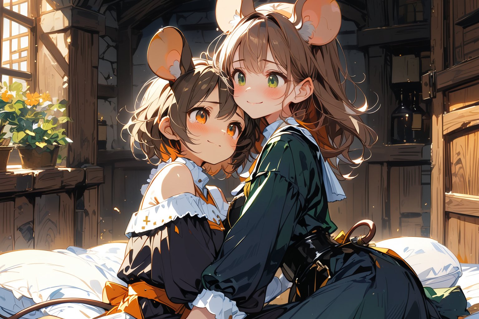 //quality, masterpiece:1.4, detailed:1.4,best quality:1.4,//,2girls,multiple girls,(hugging each other,),(looking_at_each_other),//,(brown mouse_ears),mouse_tail,animal ear fluff, (long hair), brown hair, (orange eyes),//,(black nun costume),long sleeves,//,blush,light smile, tearing up,hugging each other,//,lying on bed,close-up shot,(face focus),upper body,dal-6 style,indoors,BREAK,2girls,multiple girls,//,(brown mouse ears),(short hair), messy hair, brown hair,green eyes,//,smile,//,medieval clothing,off-shoulder long dress,hugging each other, from side,medieval room