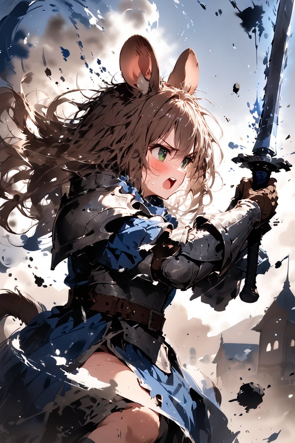 //quality, masterpiece:1.4, detailed:1.4,best quality:1.4,//,1girl,solo,mouse girl,knight,//,brown mouse ears, animal ear fluff, brown mouse tail,brown hair,long hair, messy hair, green eyes,//,white armor, cracked armor, broken armor,leather belt,gauntlets,thigh,//,dirty face, injured,wounded face,sweaty,angry,blush,serious,looking away,mouth open,upper teeth, screaming,//,((hands holding sword)),magic sword,light particles,(glowing sword),blue glowing sword,arm up,battle,flying on sky,(jumping),leg up,(knee up),//,motion blur,blurry background,motion line,motion effect,close-up,upper body,profile,(from side),blue sky,smoke surrounding the girl,smoke background, medieval town, simple background,flying debris,ink,smoke,blue ink smoke,ink smoke background,ink paint