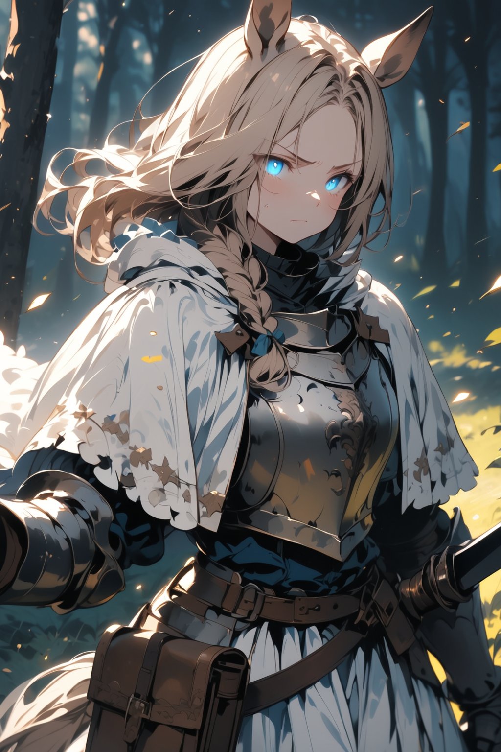 //quality, masterpiece:1.4, detailed:1.4,best quality:1.4,//,1girl,solo,royal knight,//,blonde_hair:1.3, long hair,(single braid),horse_ears,forehead,horse_tail, detailed eyes, blue eyes,(glowing eyes), eyes with light_particles,glow_in_the_dark,//,detailed white armor,white cloak,gauntlets,leather_belt,//,angry, serious,disgusted face, shadow on face,shaded face, closed_mouth,looking_at_viewer,//, holding sword, battle stance, walking, straight-on, cowboy_shot,upper_body,//, forest, motion_blur, blurry_background,Medieval,glowing sword