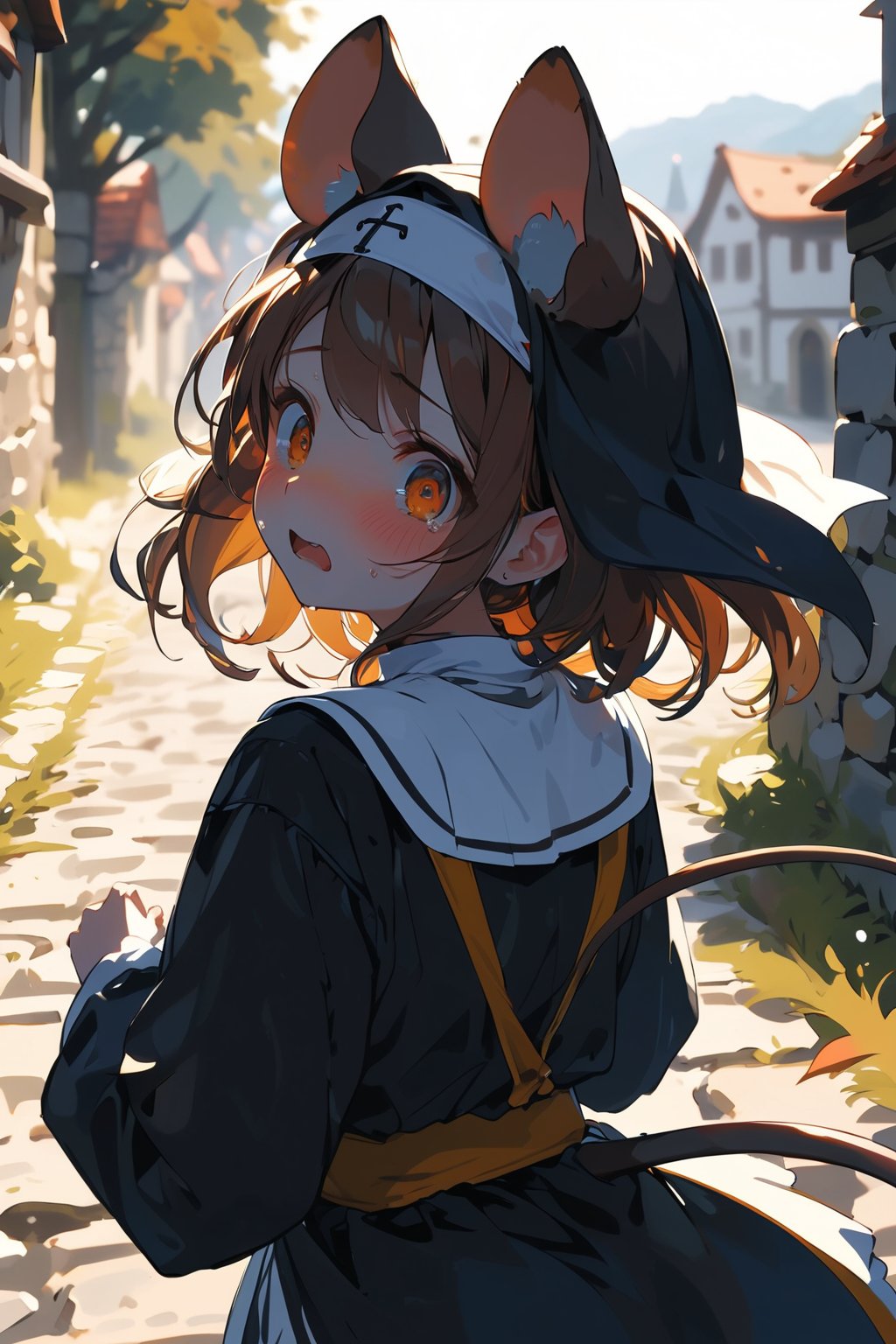 //quality, masterpiece:1.4, detailed:1.4,best quality:1.4,//,1girl,(solo),//, brown mouse_ears,mouse_tail,animal ear fluff, medium hair, brown hair, orange eyes,detailed eyes,//,(black nun costume),//, blush, scared,fear, afraid,sweating,sweat_drops,(looking back),looking_at_viewer, (running), shaded,hands_raised,//,(stone wall),medieval town, upper body, cowboy_shot,close-up portrait, motion_blur, (blurry_background),pov,(from_behind),dal-6 style,fire, flame 