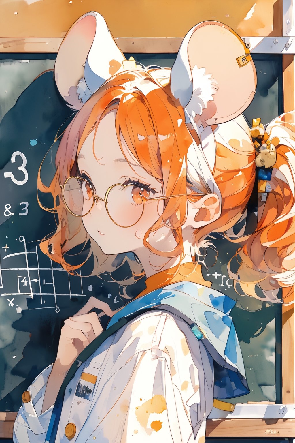 //quality, (masterpiece:1.331), (detailed), ((,best quality,)),//,(1girl),solo,(loli:1.3),(cute:1.3),watercolor_(art), close_up portrait,//,(mouse_ears:1.3),(orange_hair:1.3),hairstyle, (short ponytail:1.3),sidelocks, (light orange eyes), detailed eyes,//,hair_accessories,accessories,(round eyewear:1.3),scientist,white lab coat,//,expressionless,//, speaking_to_viewer,//indoor, (classroom:1.1), (blackboard with maths formula:1.2),aesthetic,watercolor \(medium\),((from_side))