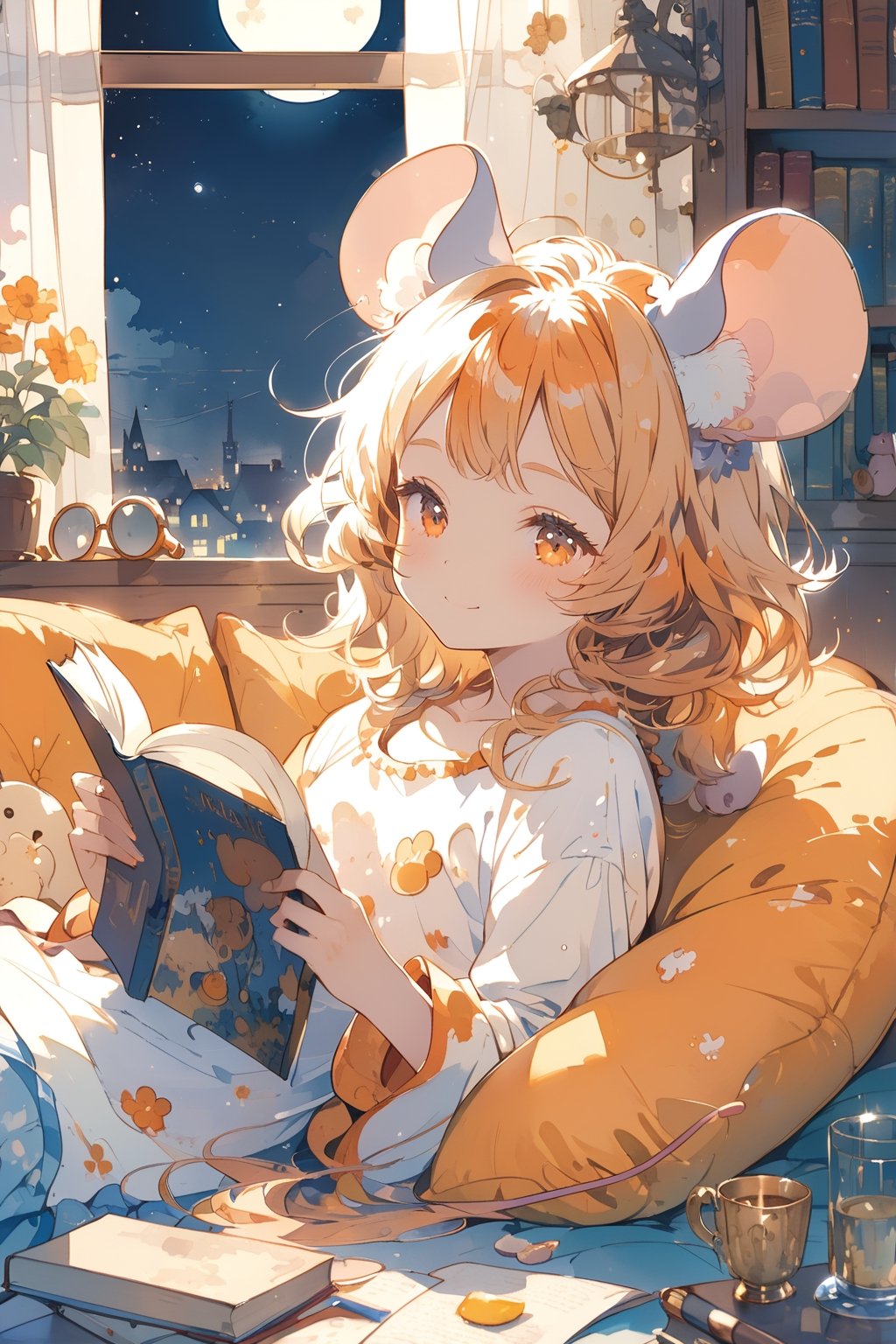 //quality, (masterpiece:1.331), (detailed), ((,best quality,)),//,(1girl),solo,(loli),cute,,//,(mouse_ears:1.3),mouse_tail,(orange_hair:1.3),hairstyle, medium hair, ((,messy_hair,)),sidelocks, detailed eyes, orange_eyes,flat_chest,,//,pajama,//, smile,blush,//, lying on couch, reading books,//, indoor, bedroom, detailed room,aesthetic,watercolor \(medium\),(night:1.3)