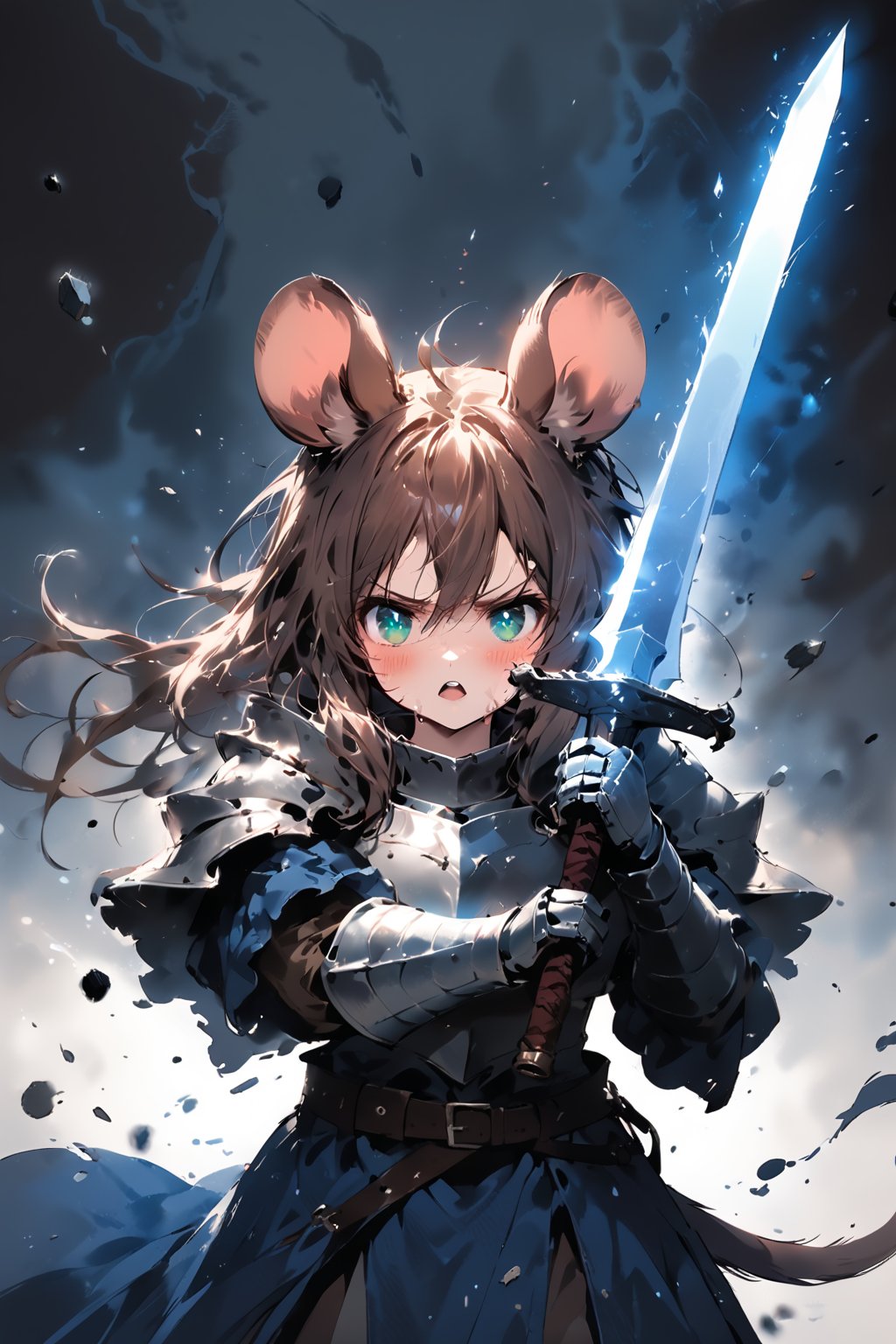 //quality, masterpiece:1.4, detailed:1.4,best quality:1.4,//,1girl,solo,mouse girl,knight,//,brown mouse ears, animal ear fluff, brown mouse tail,brown hair,long hair,messy hair,(green eyes),glowing eyes,//,white armor,cracked armor, broken armor,leather belt,gauntlets,//,dirty face,injured,wounded face,sweaty,angry,blush,serious,looking_at_viewer,mouth open,upper teeth,//,((hands holding sword)),magic sword,light particles,(glowing sword),blue glowing sword,arm up,jumping,//,medieval,simple background,black background,flying debris,smoke,blue ink smoke,ink smoke background,motion blur, blurry background,straight-on,close-up portrait of face,cropped shoulders,high contrast,blue vfx,full vfx,wind effect,dust effect