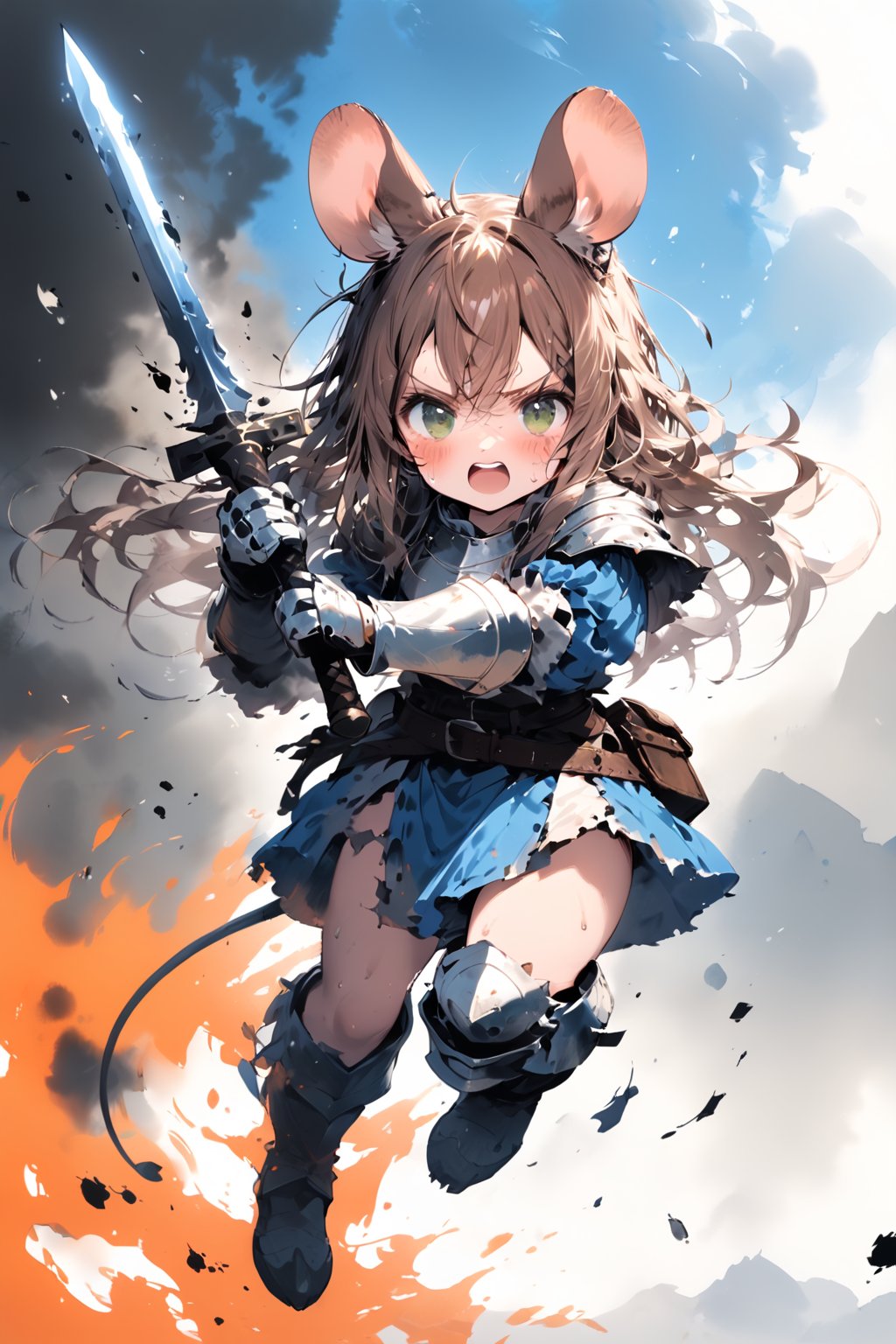 //quality, masterpiece:1.4, detailed:1.4,best quality:1.4,//,1girl,solo,mouse girl,knight,//,brown mouse ears, animal ear fluff, brown mouse tail,brown hair,long hair, messy hair, green eyes,//,white armor, cracked armor, broken armor,leather belt,gauntlets,thigh,//,dirty face, injured,wounded face, sweaty,angry,blush,serious,looking_at_viewer,,mouth open, upper teeth,//, (holding sword),blue glowing sword, (jumping onto sky),//, wide shot, medieval,fire, flame, simple background,flying debris, pov sword,ink,smoke,red ink smoke,ink smoke background