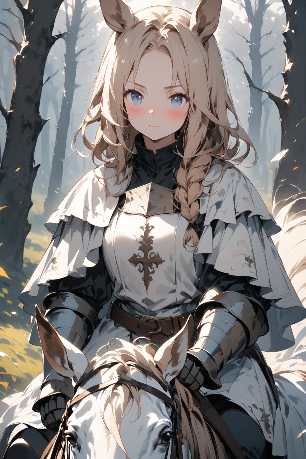 //quality, masterpiece:1.4, detailed:1.4,best quality:1.4,//,1girl,solo,royal knight,//,blonde_hair:1.3, long hair,(single braid),horse_ears,forehead,horse_tail, detailed eyes, blue eyes,//,detailed white armor,white cloak,puffy sleeves,gauntlets,leather_belt,//,blush, serious,light smile, closed_mouth,//,(riding on white horse),//, forest,wind effect, Medieval,