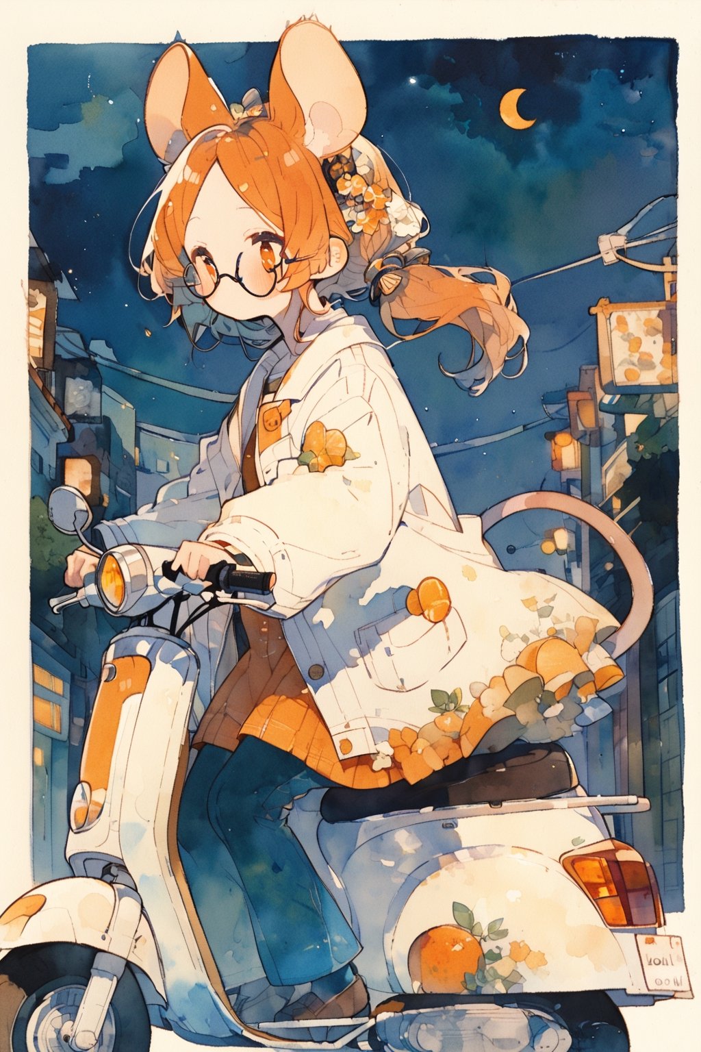 //quality, (masterpiece:1.331), (detailed), ((,best quality,)),//,(1girl),solo,(loli),cute,,//,(mouse_ears:1.3),mouse_tail,(orange_hair:1.3),hairstyle, ((long ponytail)),sidelocks, (orange_eyes), detailed eyes,flat_chest,//,hair_accessories,accessories,(round glasses:1.3),scientist,white lab coat,//,sleepy,//, riding on a scooter,//outdoor, (night:1.3),aesthetic,watercolor \(medium\)