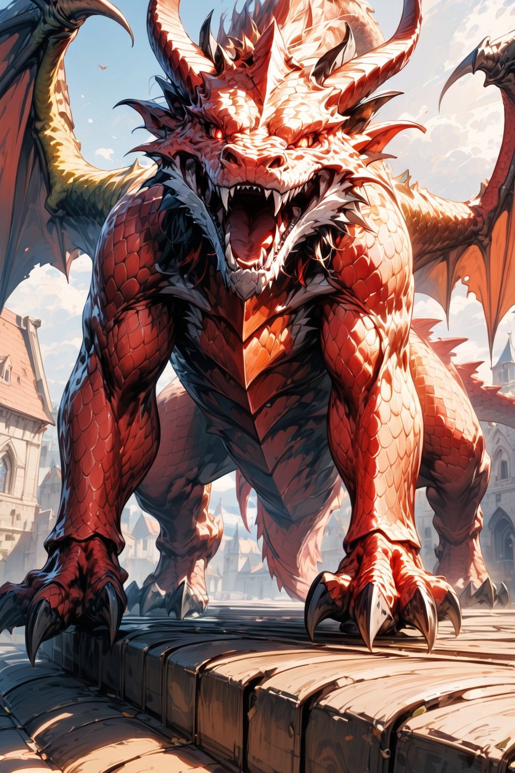 //quality, masterpiece:1.4, detailed:1.4,best quality:1.4,//,evil dragon,realistic dragon,(((red dragon))),(red dragon scales),dragon horns, dragon wings,no humans,red eyes, glowing eyes,looking_at_viewer,(looking_down),fangs,mouth_open,standing on top of rooftop,//,Medieval,(from below),outdoors,church,motion_blur, blurry_background,Medieval town,blue sky,backlighting