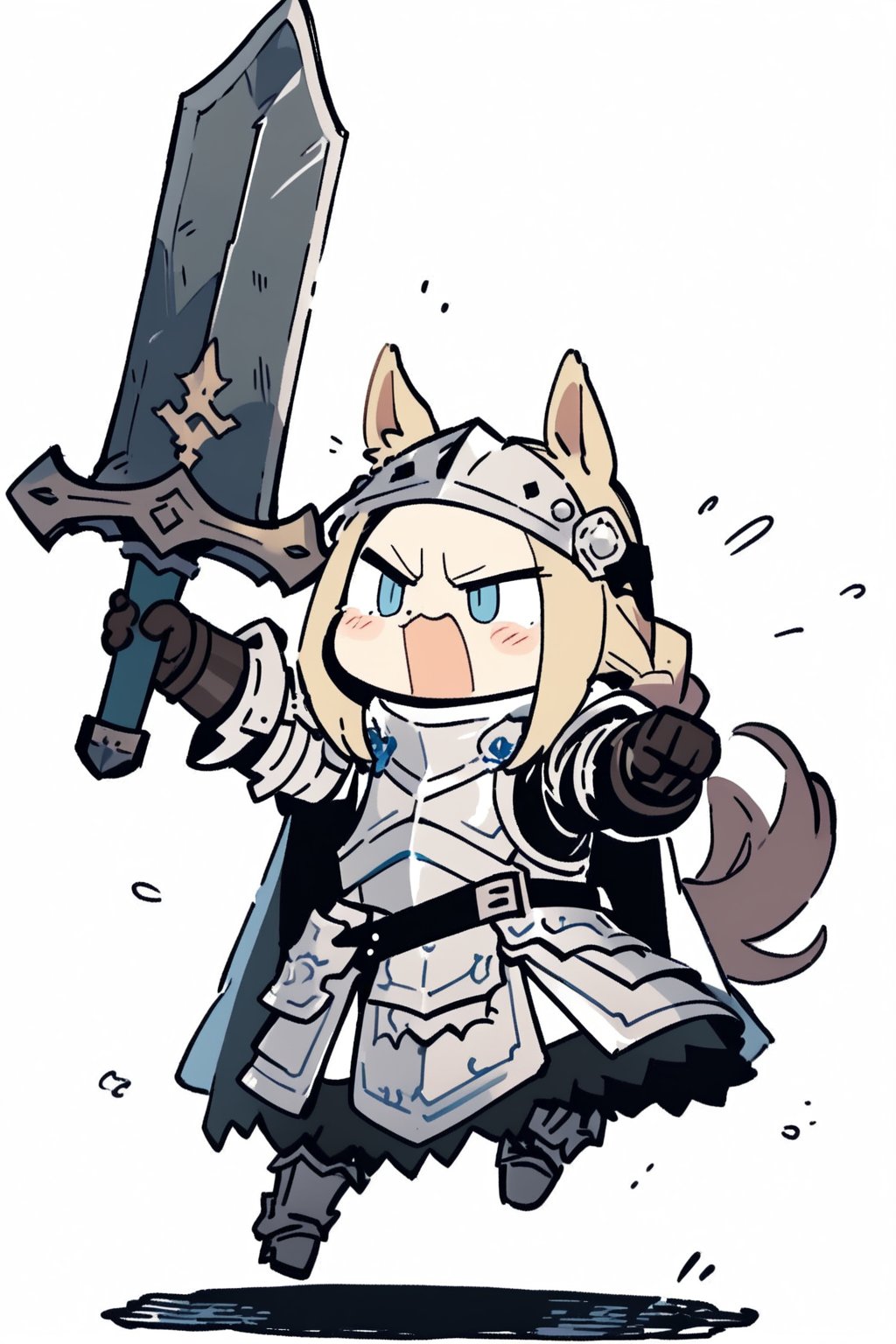 //quality, masterpiece:1.4, detailed:1.4, ,best quality:1.4,//,1girl,(doodle style),knight,//,blonde_hair:1.3, long hair,(single braid),horse_ears,forehead,horse_tail, blue eyes,//,detailed white armor,white cloak,gauntlets,leather_belt,//,angry, mouth_open,//,holding sword, battle stance,raised arms, jumping, full_body, accent lines,,//, simple_background,white background, medieval, forest,doodleredm,cute knight,