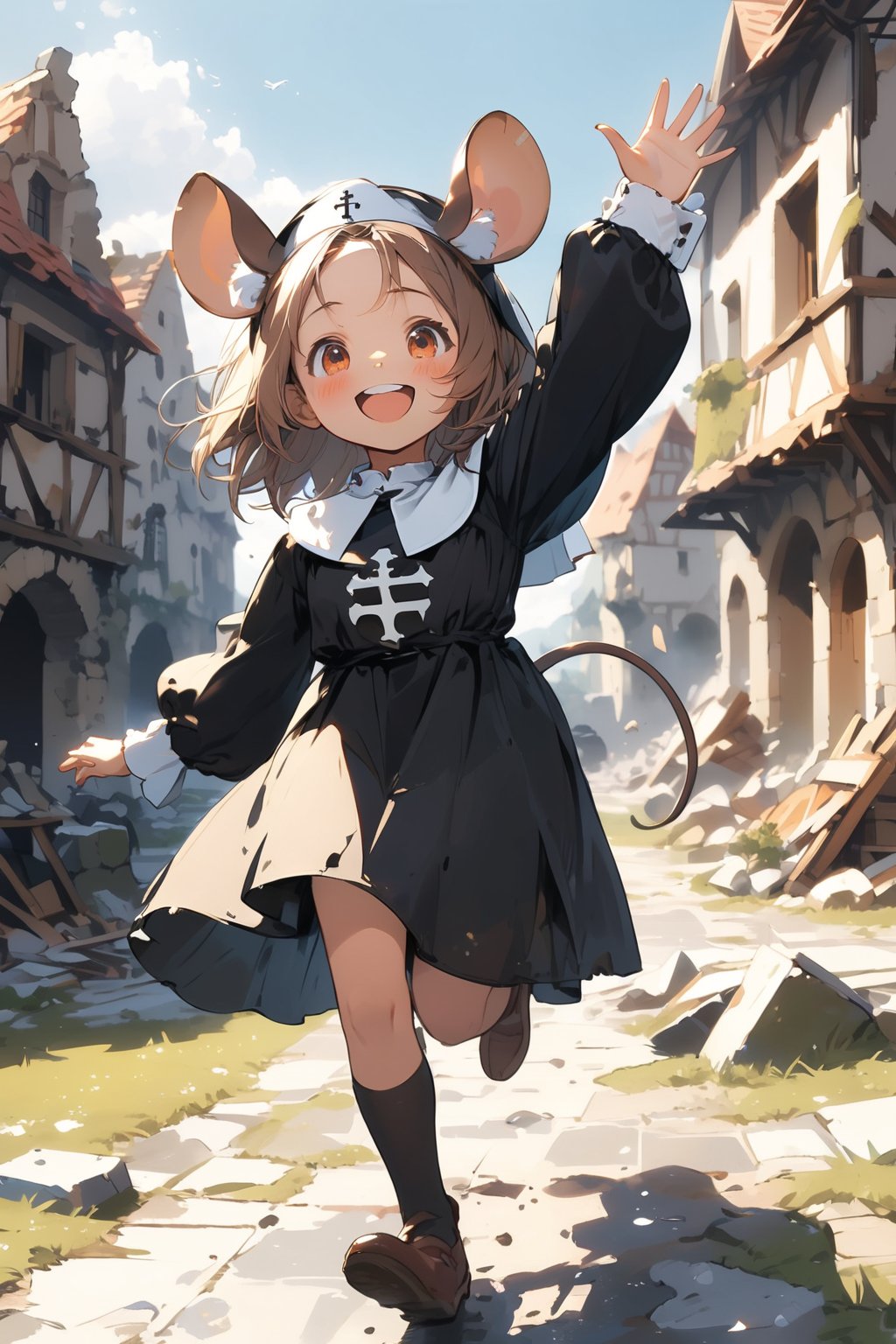 //quality, masterpiece:1.4, detailed:1.4,best quality:1.4,//,1girl,(solo),loli,//, brown mouse_ears,mouse_tail,animal ear fluff, medium hair, brown hair, (orange eyes),//,(black nun costume),//,blush, happy, smiling ,mouth_open, upper_teeth, full body shot,arm_up, arm_raised,waving,running,//, medieval,destruction, destroyed building, (blurry background),dal-6 style, blue shy