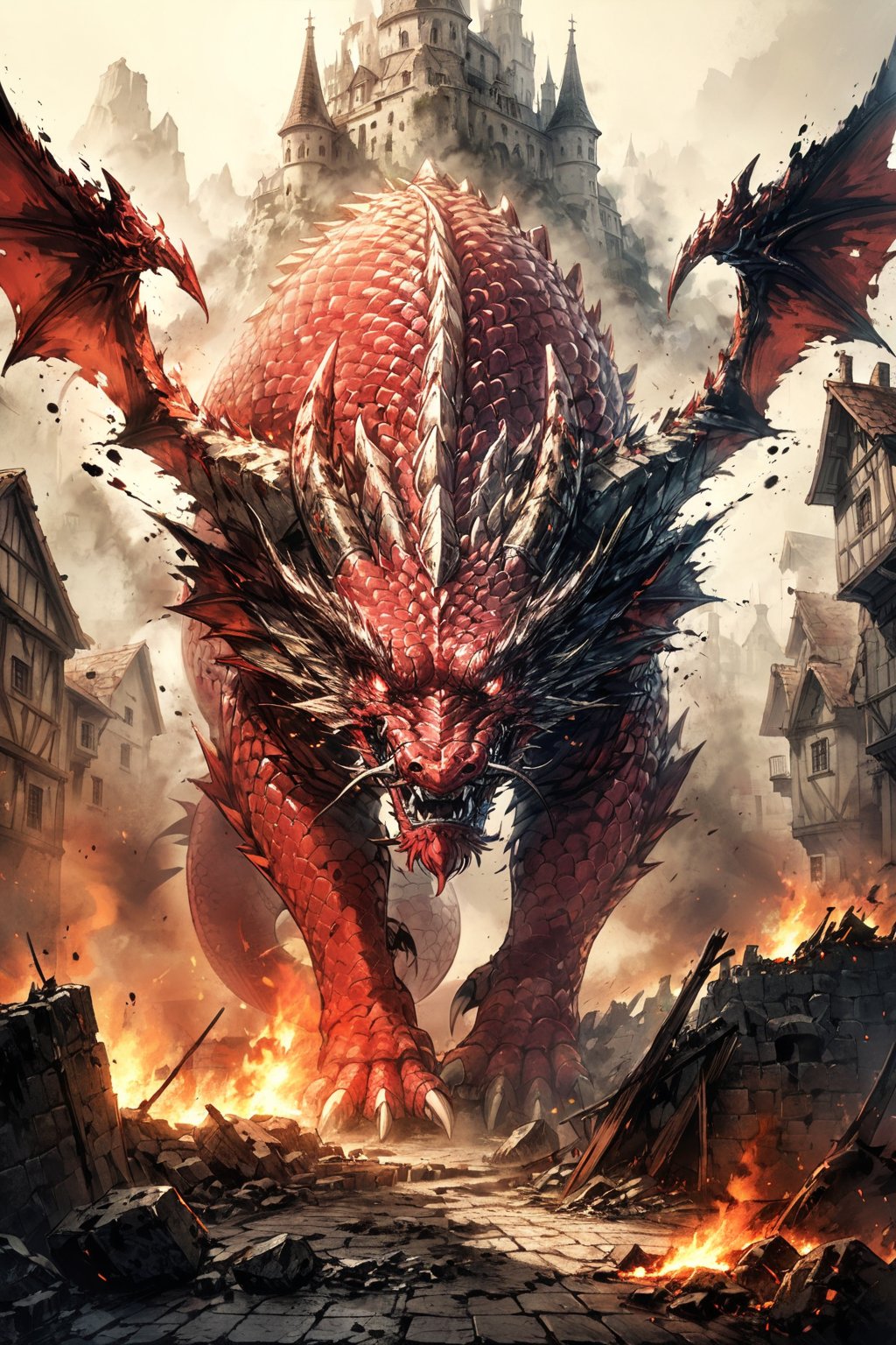 //quality, masterpiece:1.4, detailed:1.4,best quality:1.4,//,Europe dragon,evil dragon,realistic dragon,(((red dragon))),dargon tail,red skin,(red dragon scales),all fours,dragon horns, dragon wings,no humans,red eyes, glowing eyes,looking_at_viewer,fangs,mouth_closed, straight-on,//,simple background,stone floor,destruction, backlighting, destroyed buildings, fire, building on fire , Europe medieval,from below,DRG,red smoke,ink smoke,ink smoke background, very wide shot