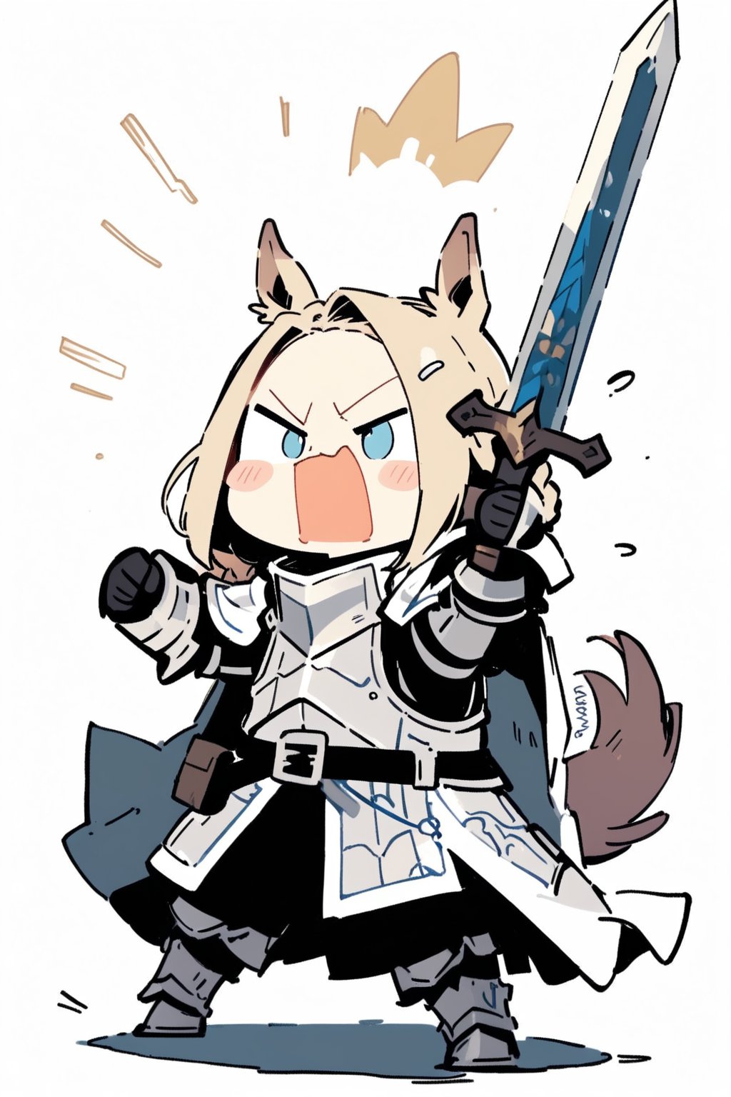 //quality, masterpiece:1.4, detailed:1.4, ,best quality:1.4,//,1girl,(doodle style),knight,//,blonde_hair:1.3, long hair,(single braid),horse_ears,forehead,horse_tail, blue eyes,//,detailed white armor,white cloak,gauntlets,leather_belt,//,angry, mouth_open,//,holding sword, battle stance,raised arms, running, accent lines,//, simple_background,white background, medieval, forest,doodleredm,cute knight,