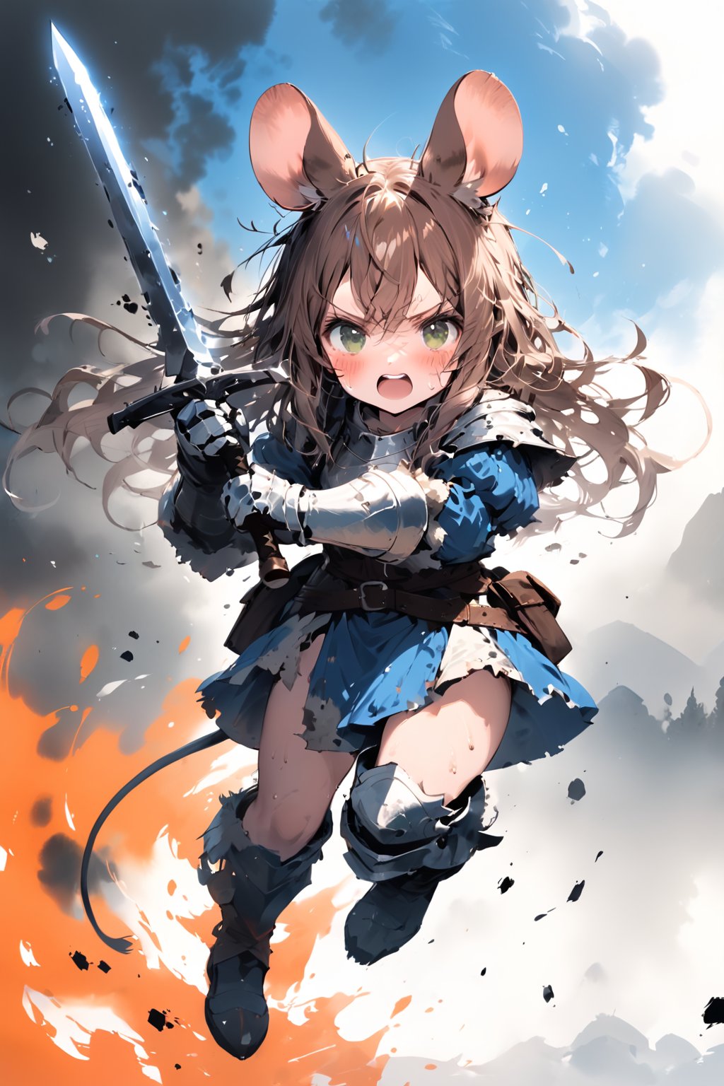 //quality, masterpiece:1.4, detailed:1.4,best quality:1.4,//,1girl,solo,mouse girl,knight,//,brown mouse ears, animal ear fluff, brown mouse tail,brown hair,long hair, messy hair, green eyes,//,white armor, cracked armor, broken armor,leather belt,gauntlets,thigh,//,dirty face, injured,wounded face, sweaty,angry,blush,serious,looking_at_viewer,,mouth open, upper teeth,//, (holding sword),blue glowing sword, (jumping onto sky),//, wide shot, medieval,fire, flame, simple background,flying debris, pov sword,ink,smoke,red ink smoke,ink smoke background