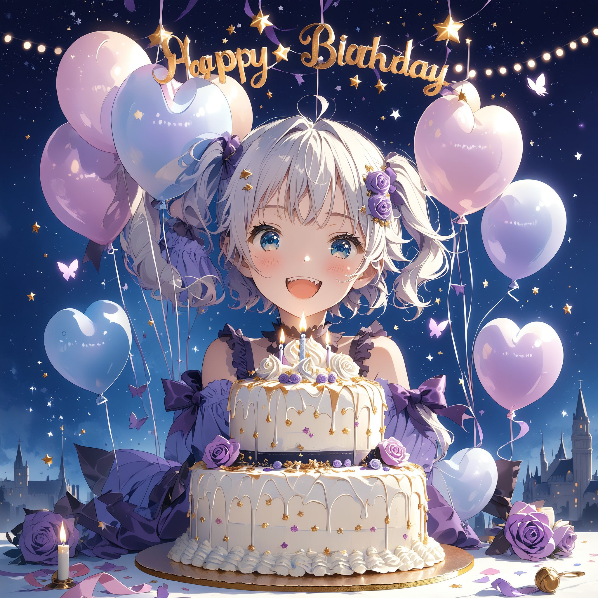 //quality, masterpiece, detailed, ,best quality, //, 1girl, solo, loli,, //, (short twintails: 1.4), (white hair: 1.4), (purple inner hair: 1.2), ahoge, (blue eyes: 1.4), beautiful detailed eyes, glowing eyes, //,ribbons, purple evening gown,purple long gloves, //, smiling, blush, happy face, cute_fangs, looking at viewer, facing viewer, //, cowboy_shot, straight-on, //,table, purple butterflies, purple rose, purple heart balloons, starry, night, scenery,cake, Birthday cake, huge cake,fantasy cake, cake focus, CakeStyle,candies,candles:1.2,cake with number "1",( cake with signboard text "HAPPY Birthday",),Text