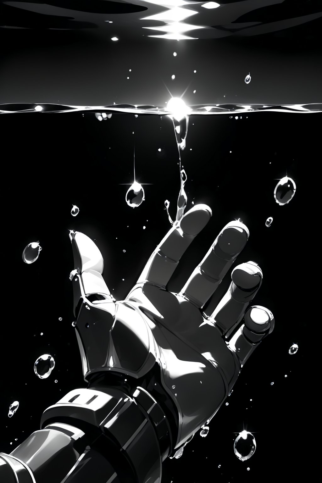 //quality, masterpiece:1.4, detailed:1.4,best quality:1.4,//,pov girl hand,gauntlets,//,(under water),bubbles,water,(Gray scale),(Monochrome),black background, simple background, dark background,ink,ink paint,